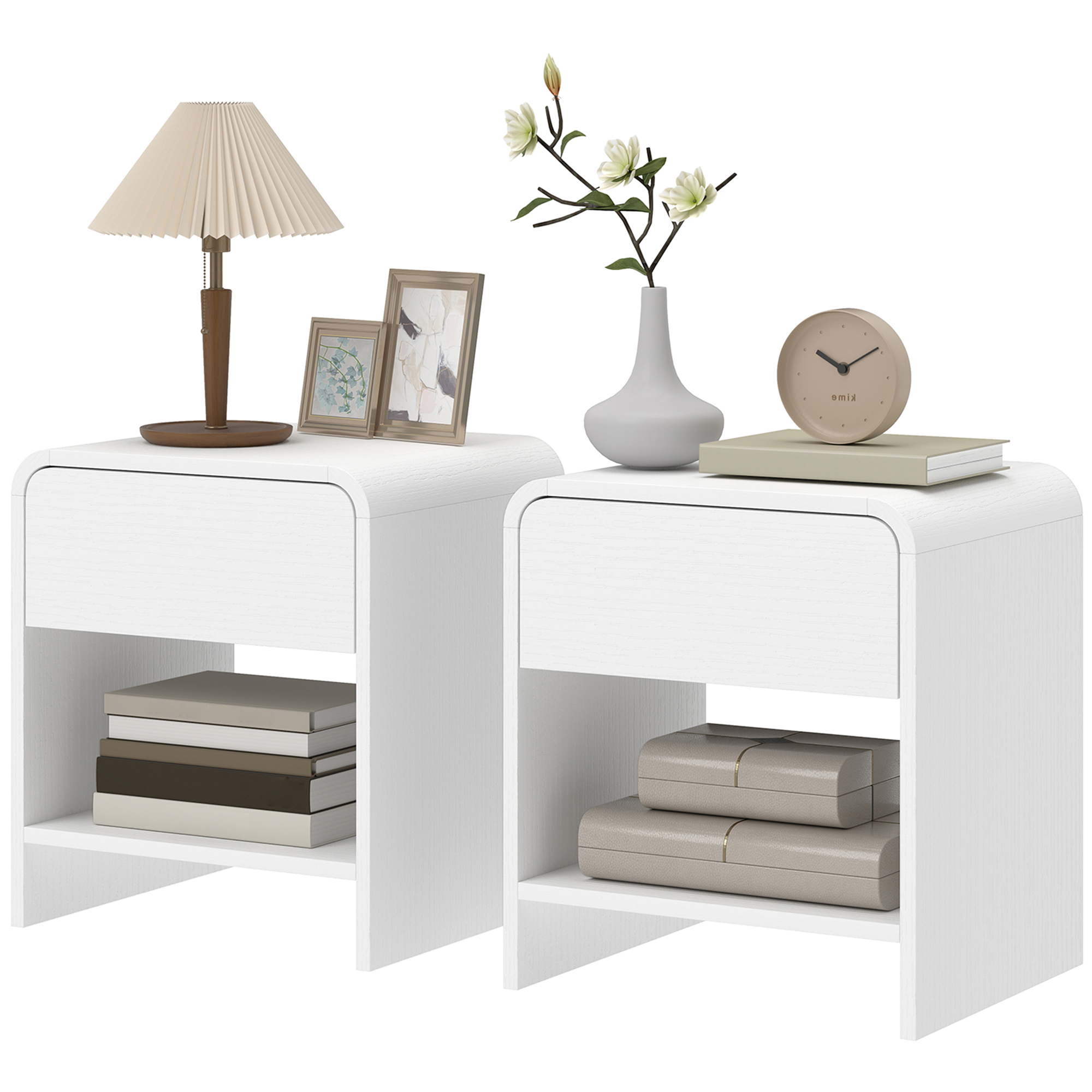 Nightstand Set of 2, Modern Bedside Table with Rounded Corners, Nightstand with Drawer and Open Shelf, Distressed White