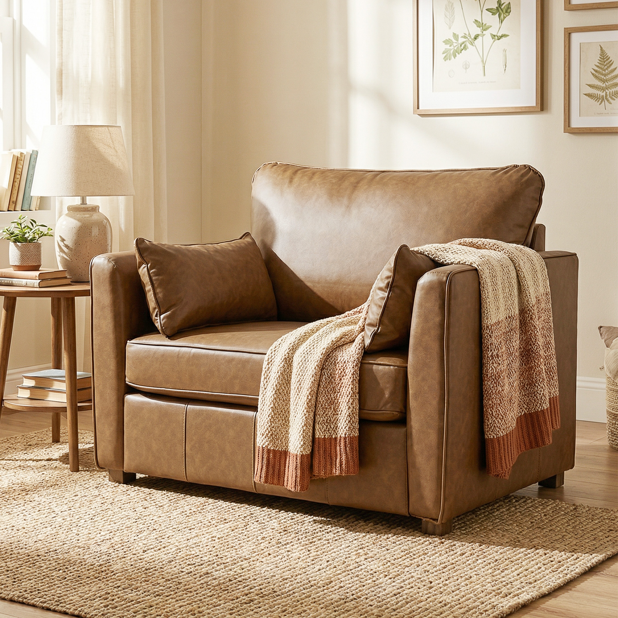Accent Chair, PU Leather Armchair with Wide Seat, Spring Cushion, Rubberwood legs, 2 Pillows, Brown - Image 6