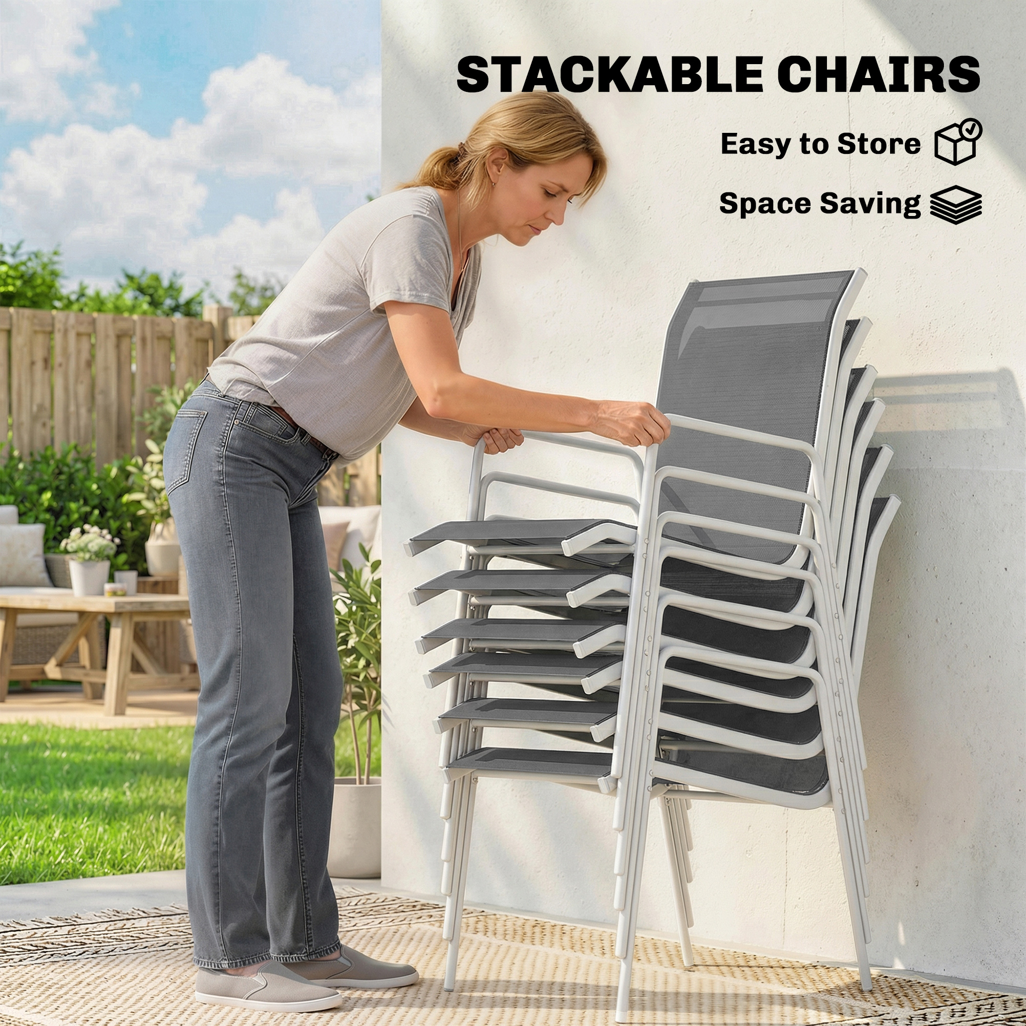 7 Piece Garden Dining Set, Garden Furniture Set with Rectangle Table and 6 Stackable Chairs - Image 2