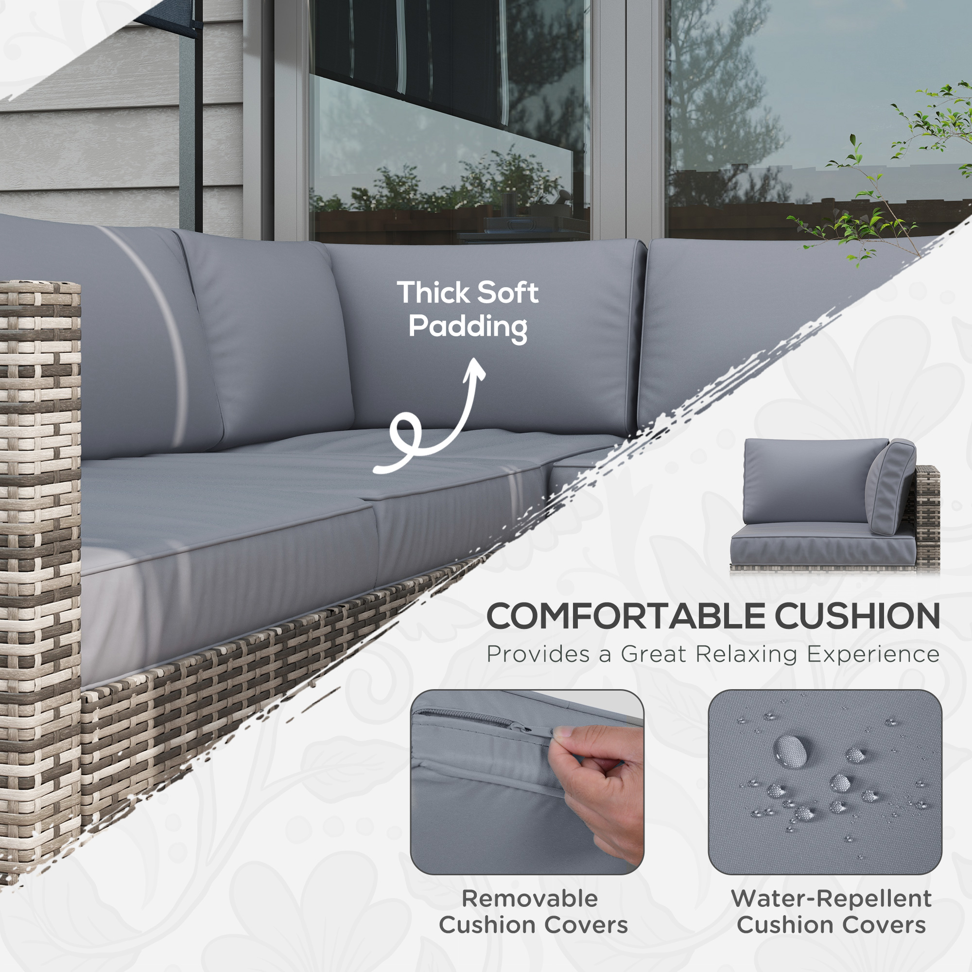 4 Pieces Rattan Wicker Outdoor Conversation Furniture Set w/ Corner Sofa Loveseats Coffee Table Cushions, Grey - Image 2
