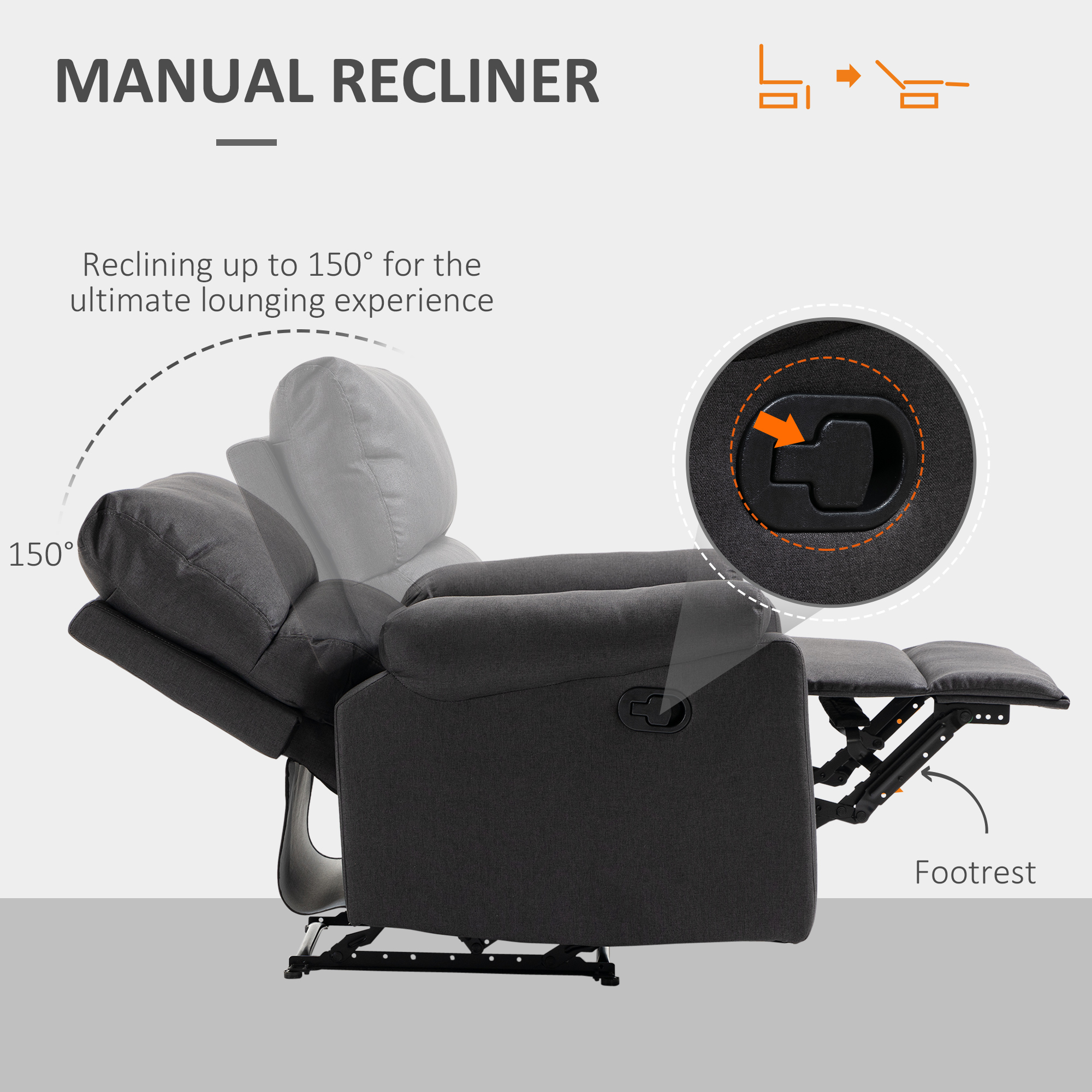 Recliner Chair, Manual Reclining Chair with Footrest, Padded Seat for Living Room, Bedroom, Study, Dark Grey - Image 2