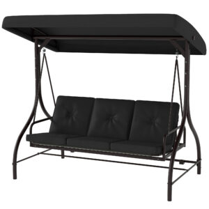 Convertible Patio Swing Bed with Canopy and Cushions, 3 Seater Porch Swing for Outdoor, Backyard, Garden, Black
