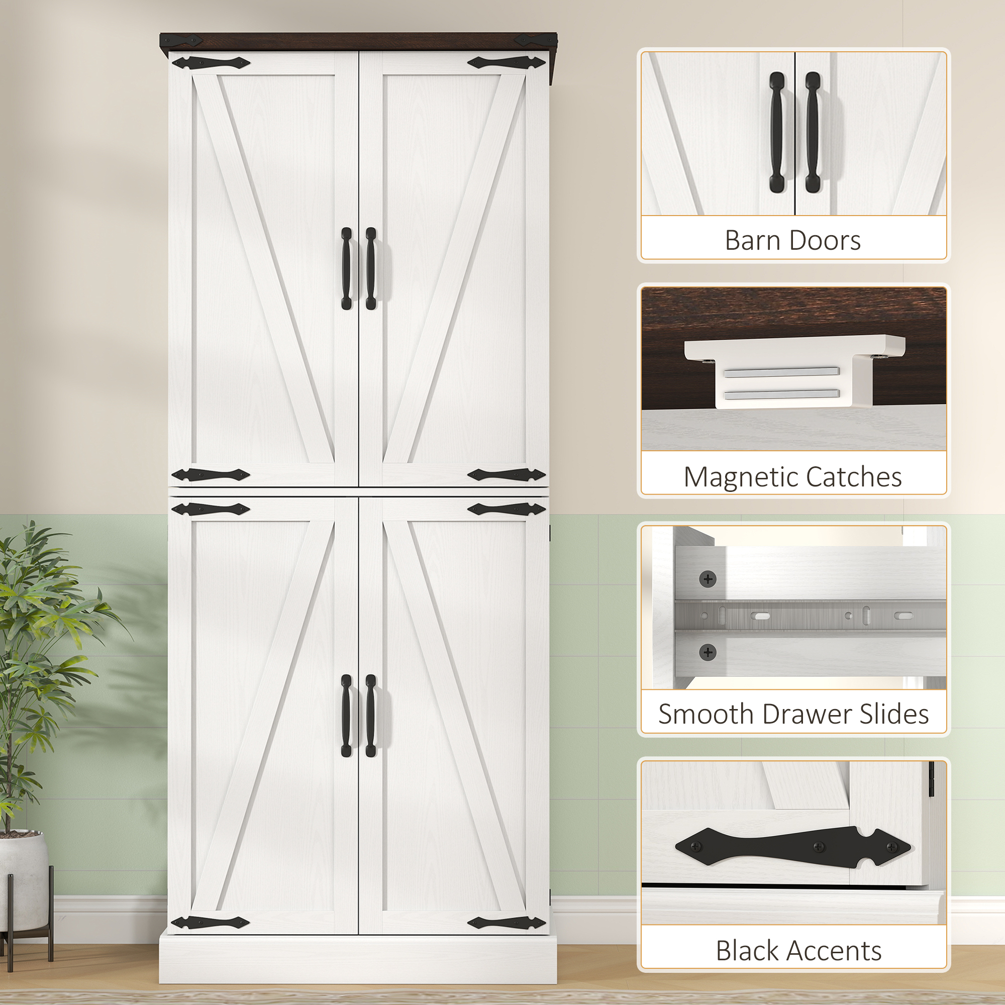 72" Tall Kitchen Pantry Cabinet, Farmhouse Storage Cabinet with 8 Door Racks and Adjustable Shelves, White - Image 4