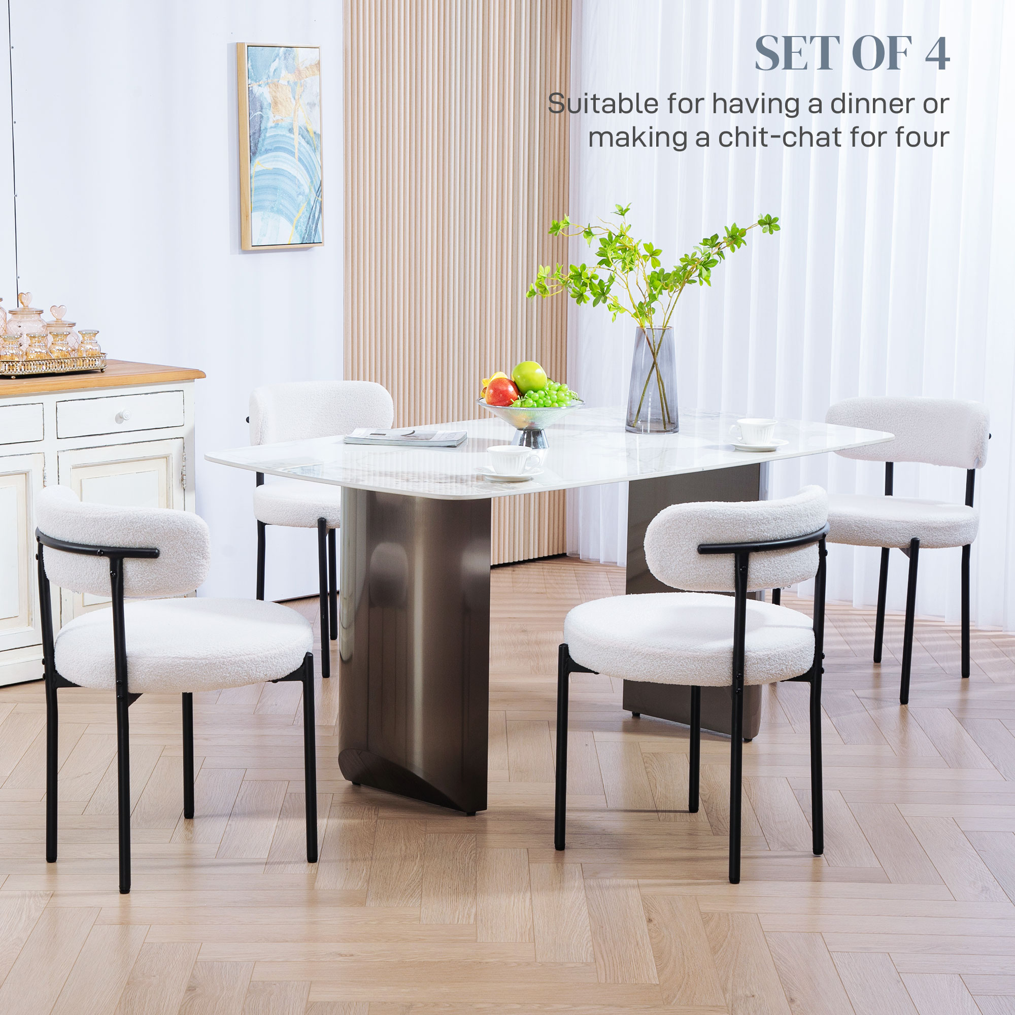 4 Pieces Kitchen Chairs, Modern Dining Chairs w/ Berber Fleece Upholstery and Steel Legs for Living Room, Cream White - Image 2