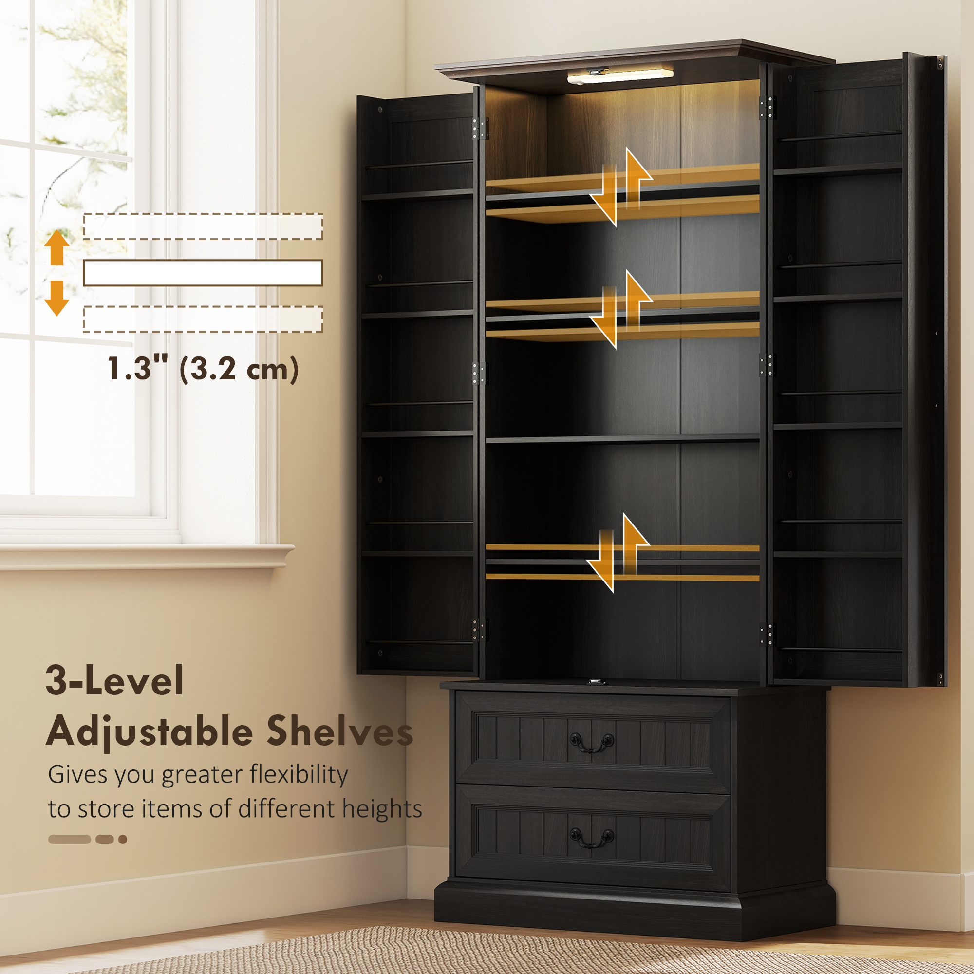 72" LED Kitchen Pantry Cabinet, Buffet Storage Cabinet with 10 Door Shelves, 2 Drawers and Adjustable Shelves, Black - Image 4