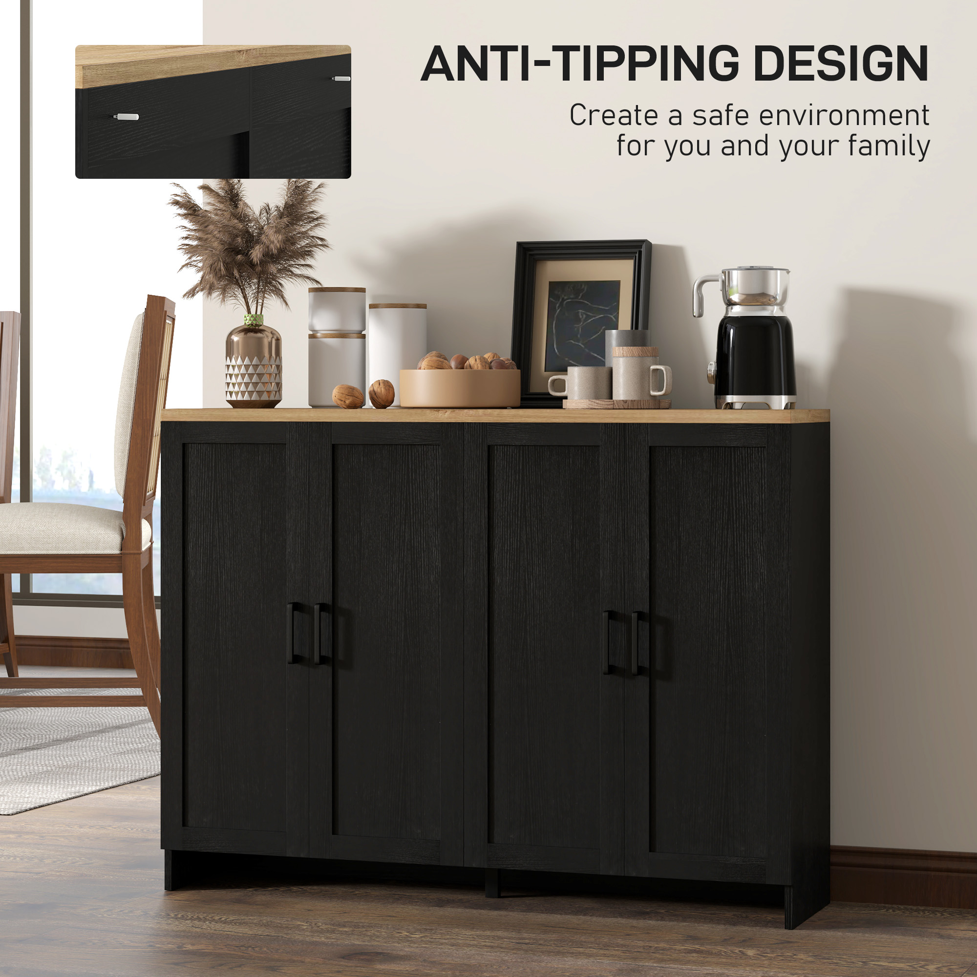 Modern Sideboard Buffet Cabinet, Modern Kitchen Storage Cabinet with 4 Doors Adjustable Shelves, for Dining Room, Black - Image 5