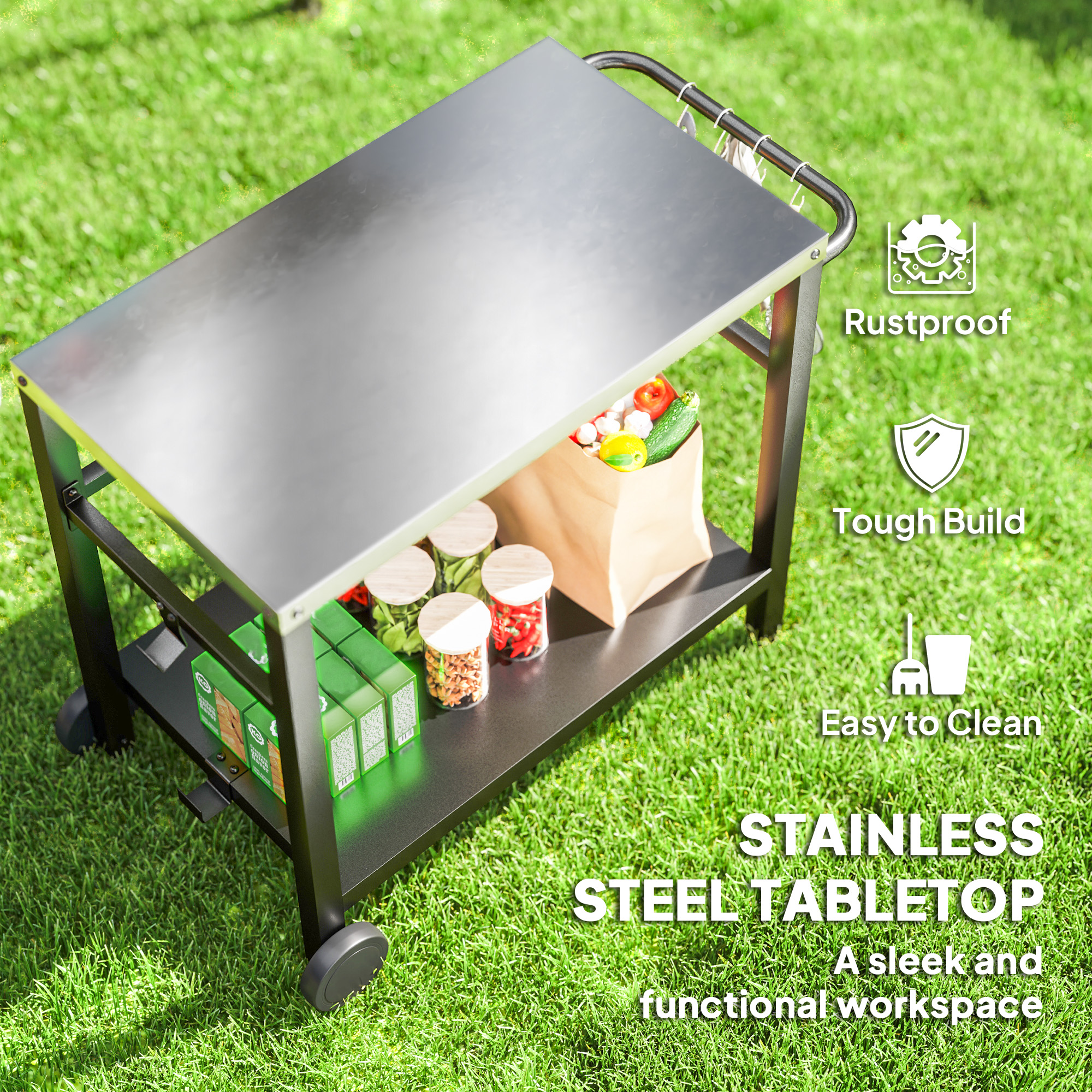 Outdoor Grill Dining Cart with Stainless Steel Tabletop, 2-Shelf BBQ Movable Pizza Oven Stand with Wheels, Charcoal Grey - Image 2