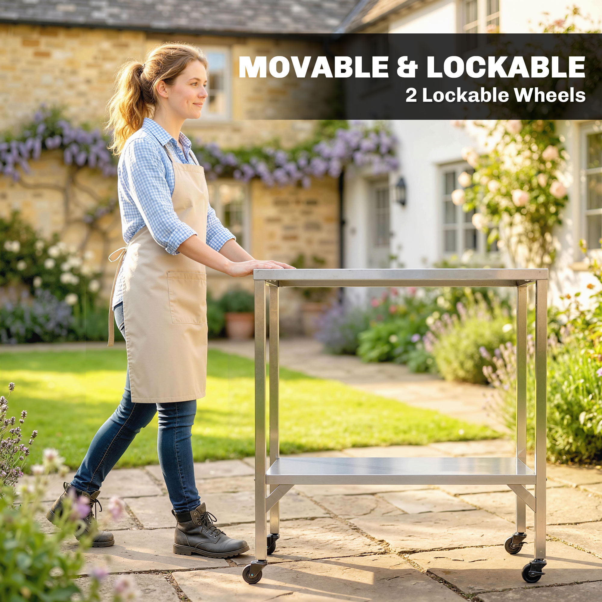 Outdoor Grill Cart with Stainless Steel Tabletop, Pizza Oven Stand with Shelf, Lockable Wheels, Rolling BBQ Table - Image 4