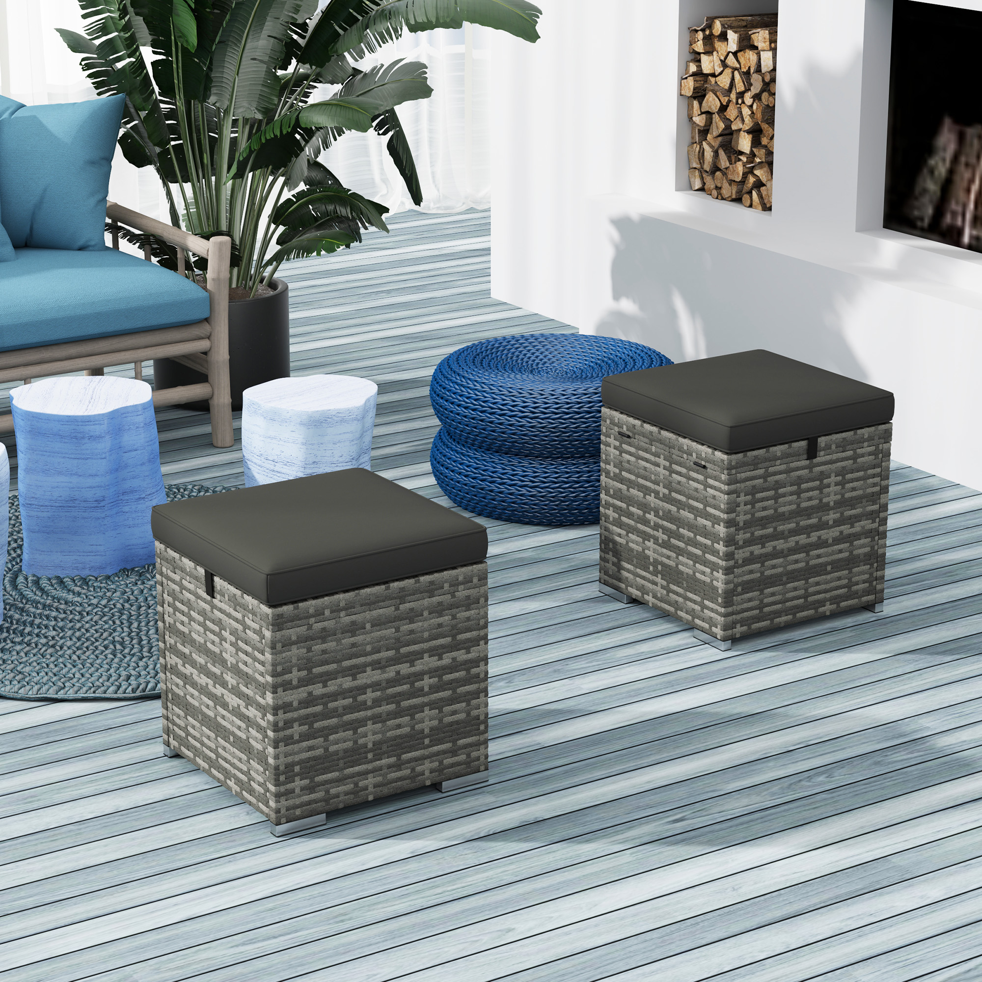 2 Pieces Wicker Outdoor Ottoman with Storage, Cushion, Square Outdoor Footstool, Seating, Side Table, Dark Grey - Image 6