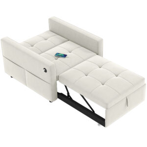 Convertible Chair Bed, Pull Out Sleeper Chair with USB, Adjustable Backrest, Small Velvet Futon Sofa Bed, Cream White