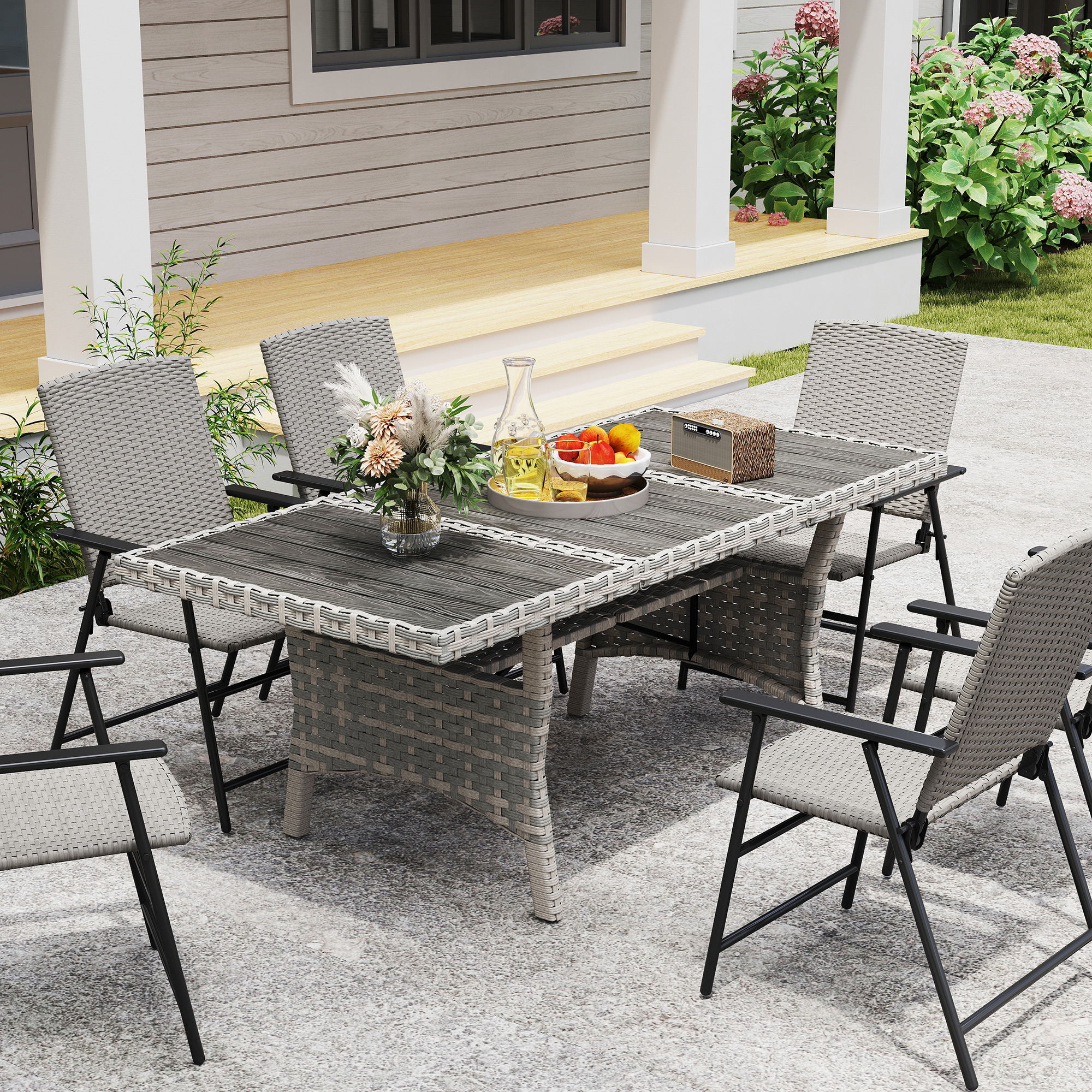 75" Outdoor Dining Table for 6-8, Wicker Patio Table with Storage Shelf and WPC Slatted Top for Balcony, Grey - Image 6
