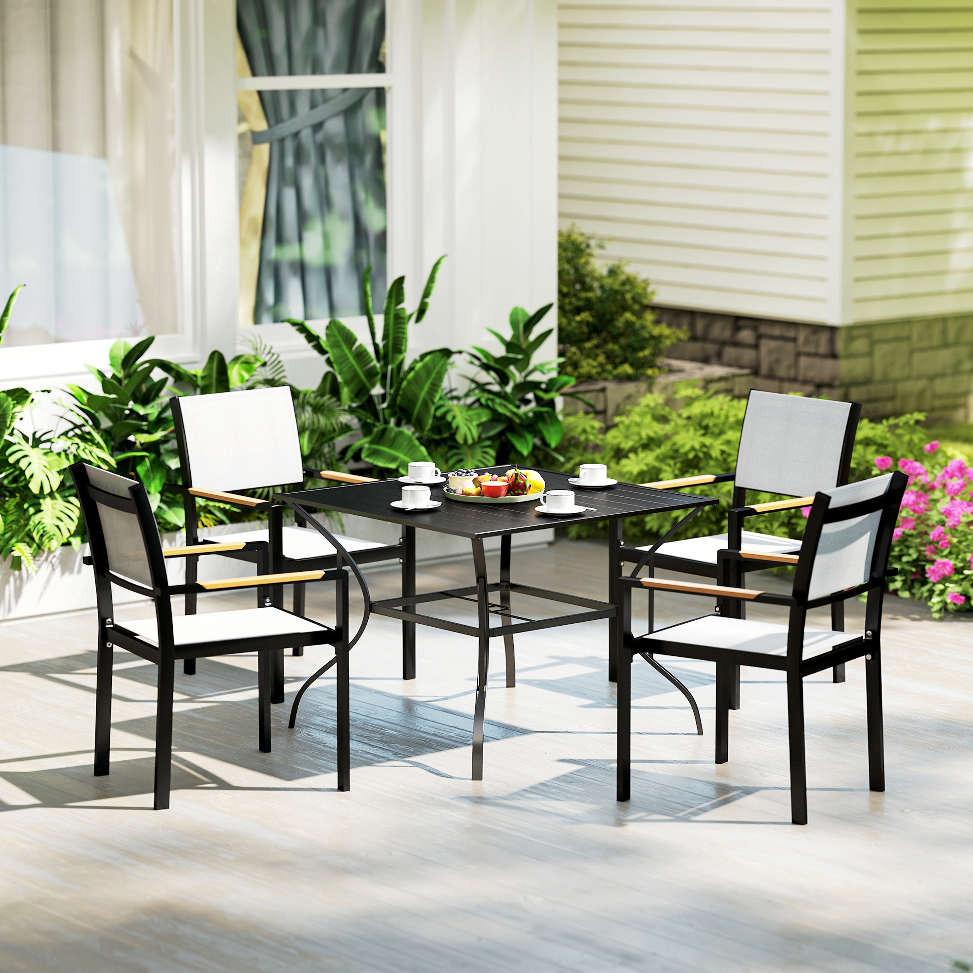 Outdoor Dining Table for Four, Patio Table with Parasol Hole, Square Garden Table with Slatted Metal Plate Top, for Backyard, Poolside, Black - Image 6