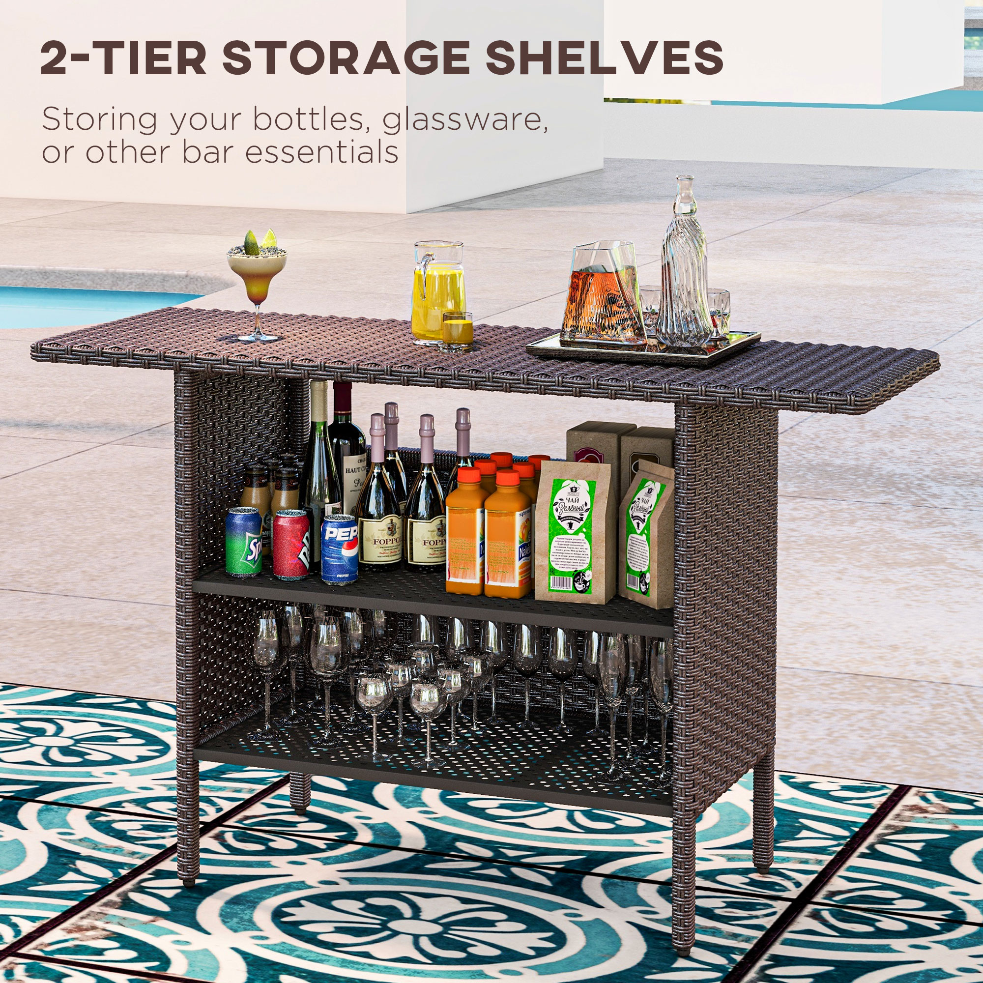 Bar Height Outdoor Rattan Table, Patio Wicker Bar Table with 2 Storage Shelves, 55.1" x 18.5" x 37", Brown - Image 3