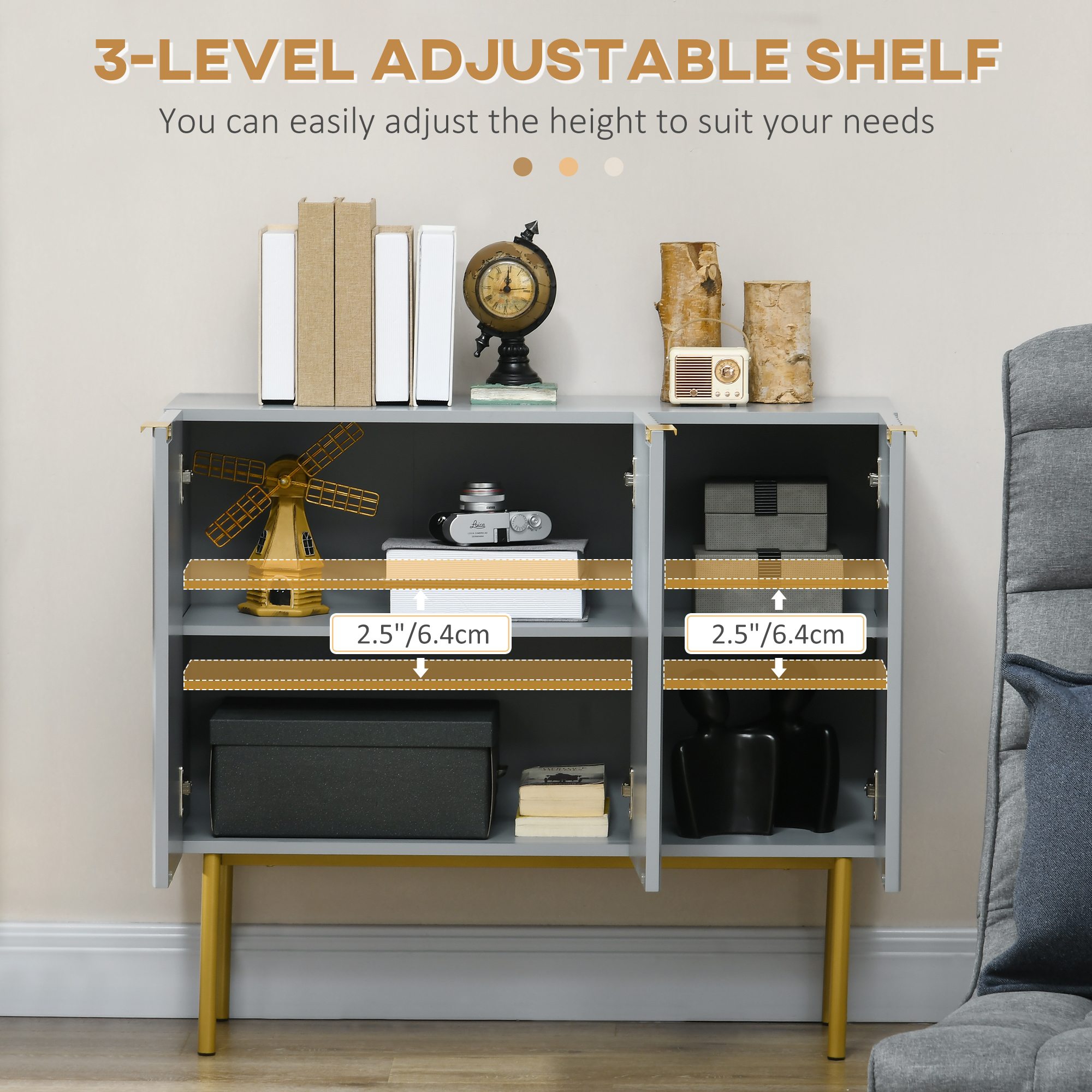 Modern Storage Cabinet Sideboard Buffet Cabinet with Gold Legs for Living Room Dining Room Hallway Grey - Image 4