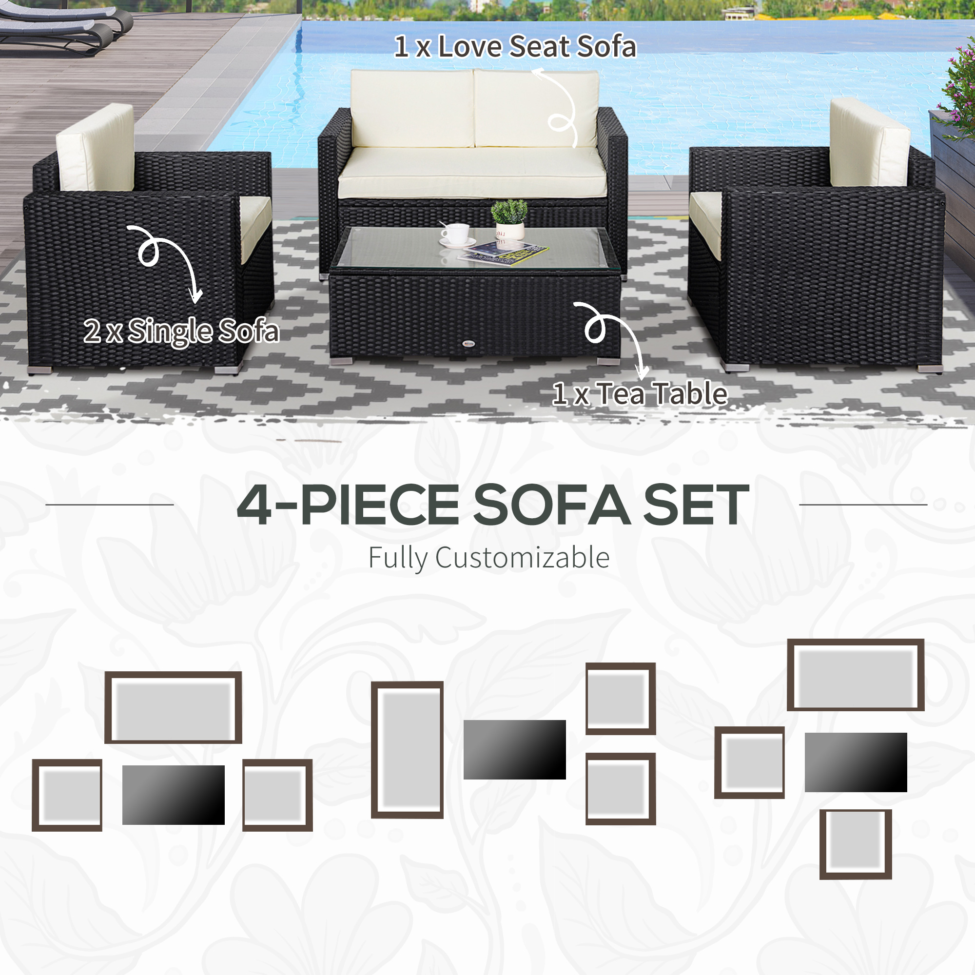 4 Pieces Sectional Patio Furniture Set, Rattan Wicker Patio Chairs Outdoor Coffee Set with Cushions, Cream White - Image 5