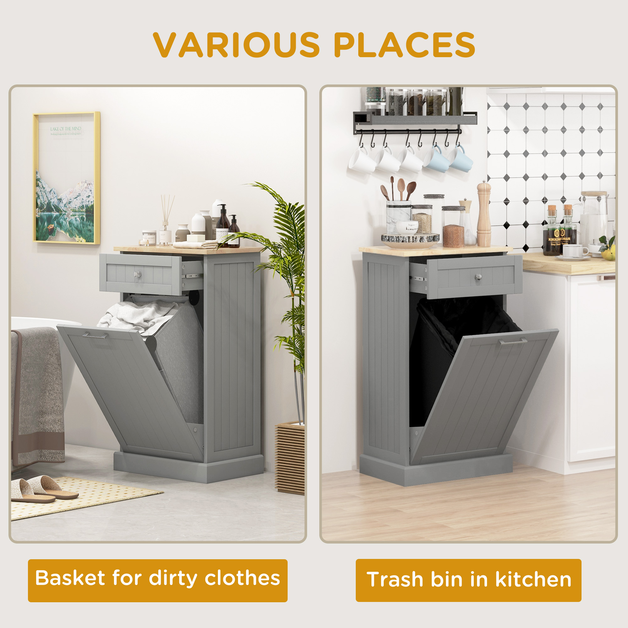 Kitchen Tilt Out Trash Bin Cabinet, Free Standing Recycling Cabinet, Trash Can Holder with Drawer, Grey - Image 4