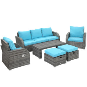 6 Pieces Patio Furniture with Cushions, PE Wicker Sectional Furniture Conversation Set with a 3-Seat Sofa, 2 Recliner Chairs, 2 Footstools, Table, Sky Blue