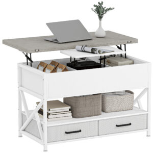 Modern Coffee Table, Lift Top Center Table with Fabric Drawers and Hidden Storage for Living Room, Cement Grey