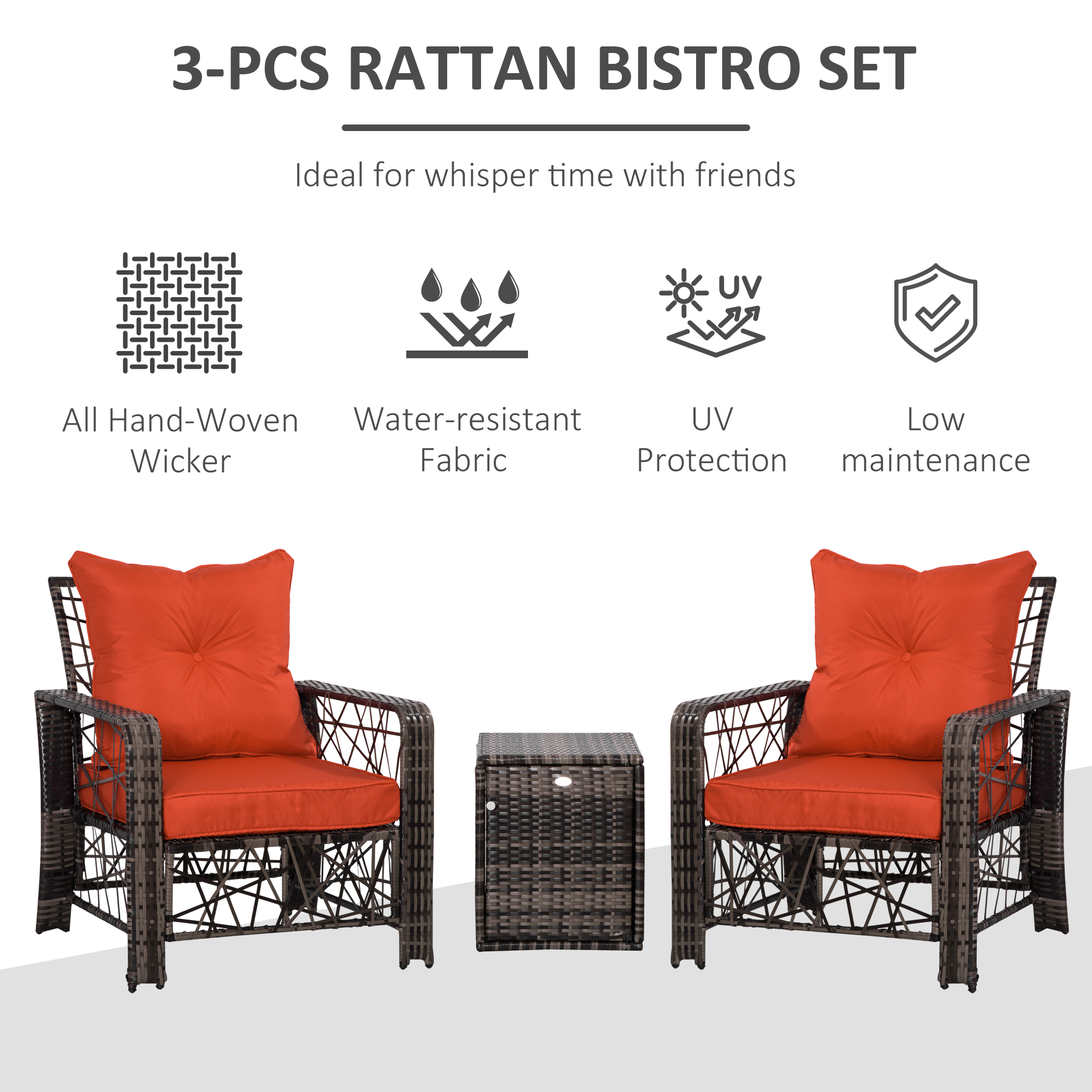 3 Pieces Wicker Patio Furniture Set, Rattan Bistro Set with Storage Coffee Table and Thickened Cushions, Outdoor Conversation Set for Garden, Porch, Balcony, Red - Image 5
