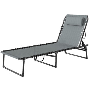 Folding Lounge Chair, Adjustable Chaise Lounge with Headrest, Reclining Lounger Cot for Camping, Hiking, Light Grey