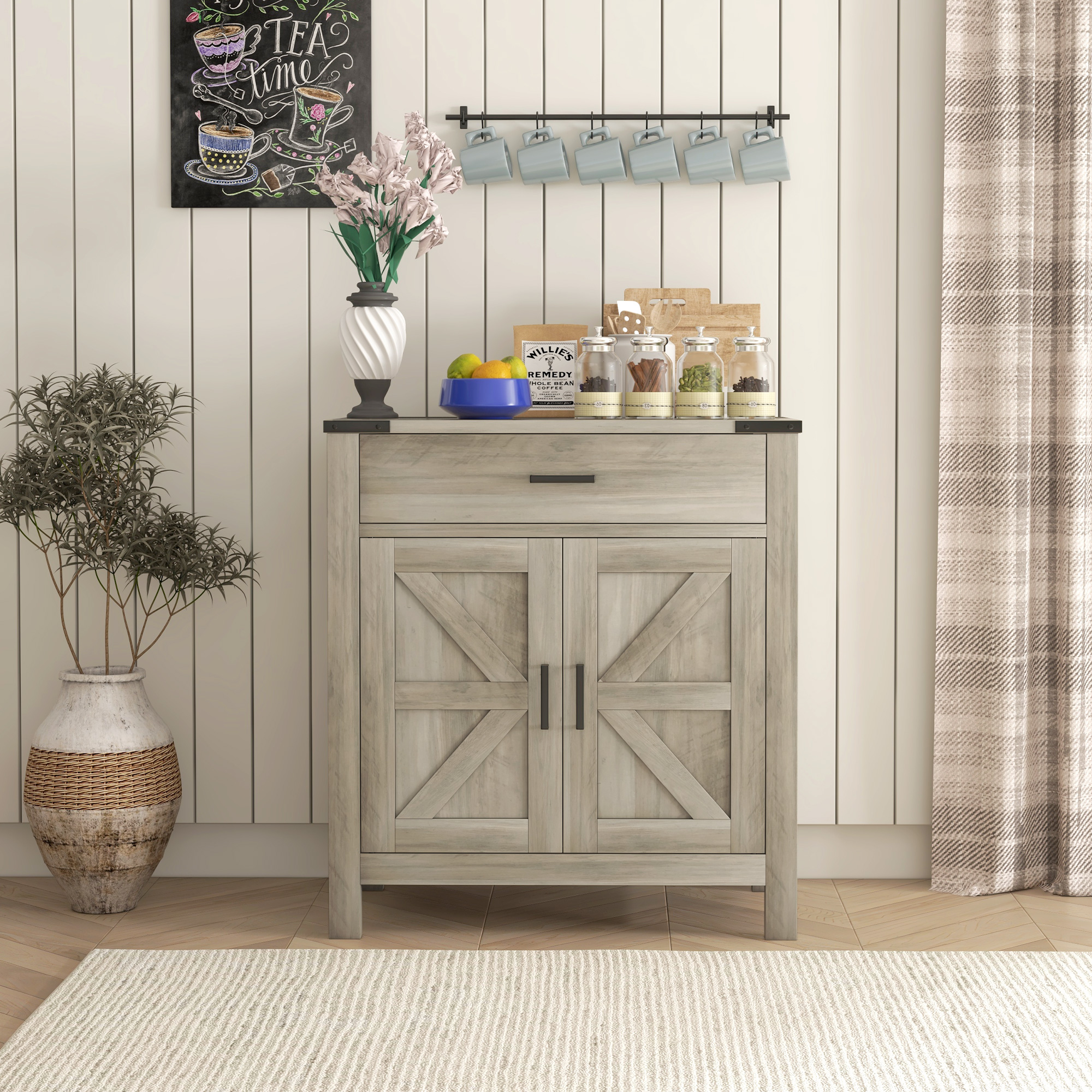 Sideboard Buffet Cabinet, Farmhouse Kitchen Storage Cabinet w/ Drawer and Shelf for Living Room, Entryway - Image 6