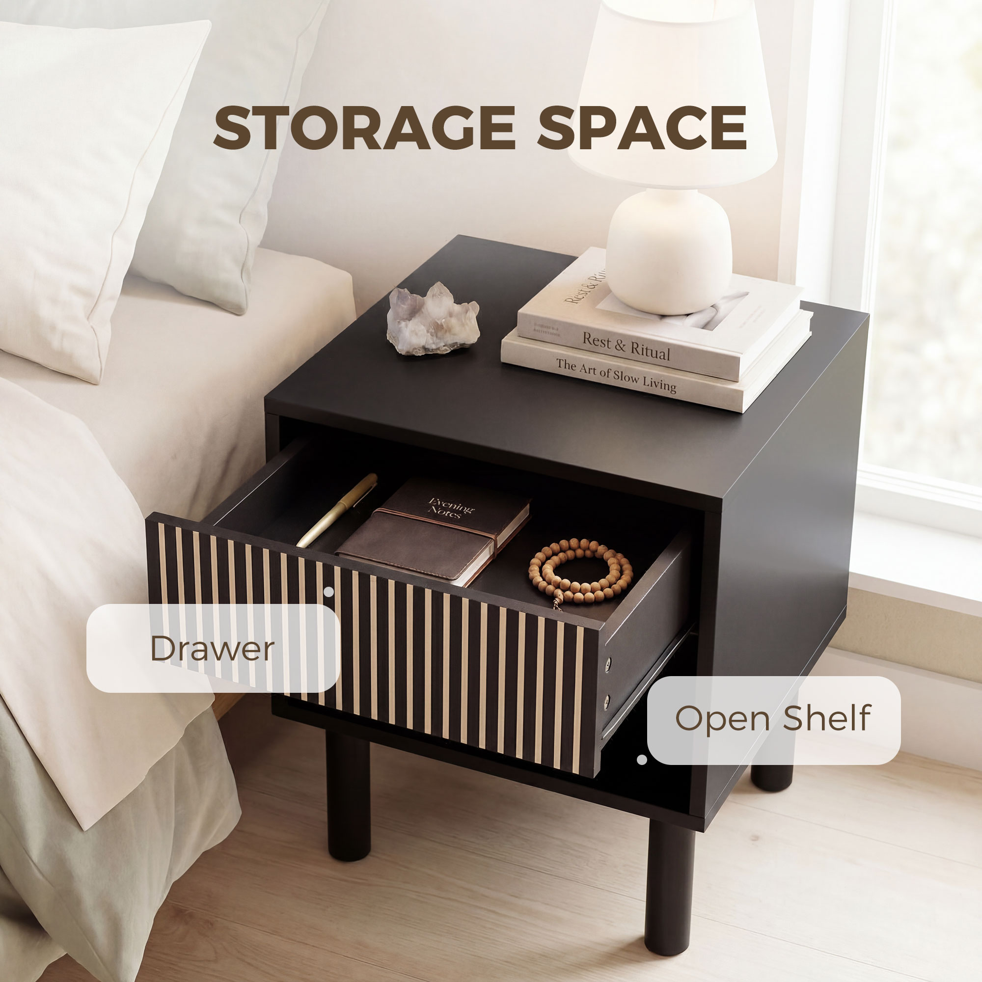 Modern Bedside Table with Drawer and Open Shelf, Sofa Side Table for Bedroom Living Room, Black - Image 3