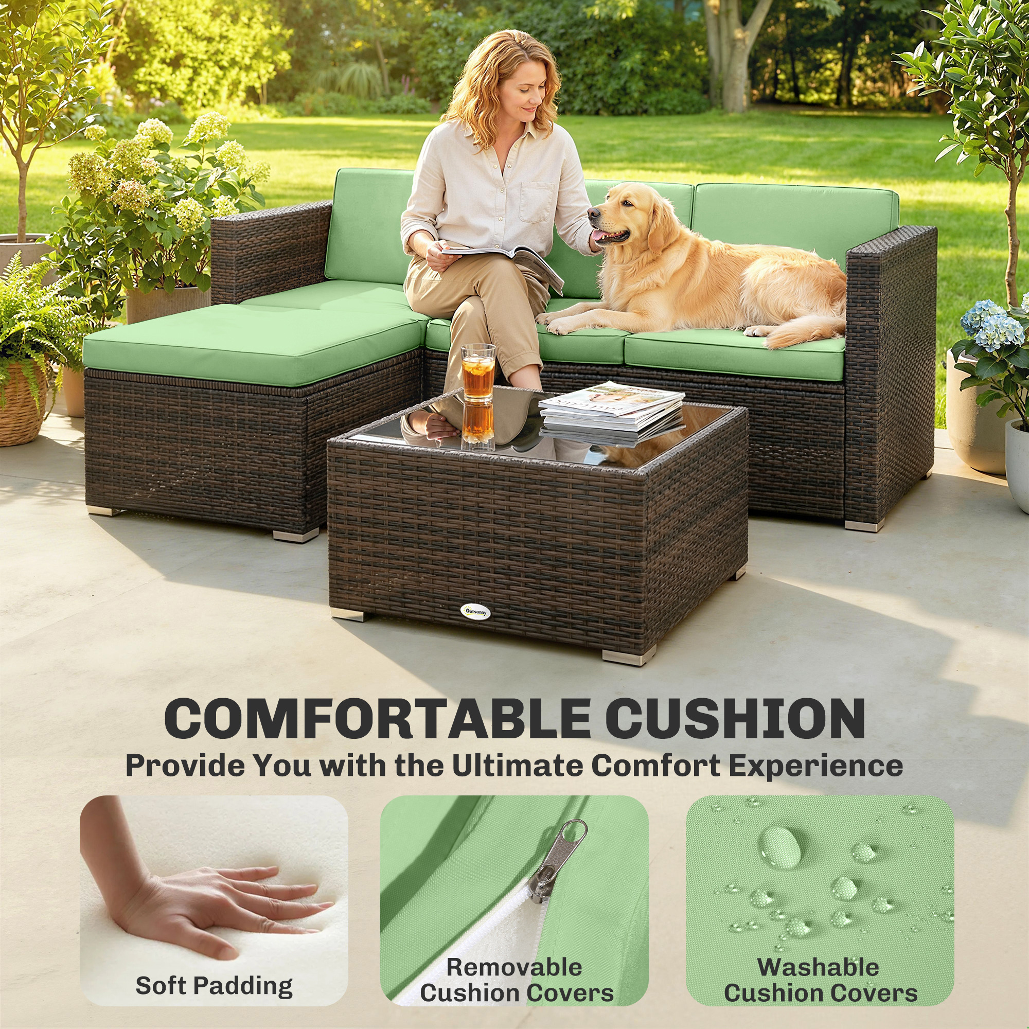 3 Pieces Patio Furniture Set with Cushions, Outdoor PE Rattan Wicker Conversation Corner Sofa Set, Light Green - Image 3