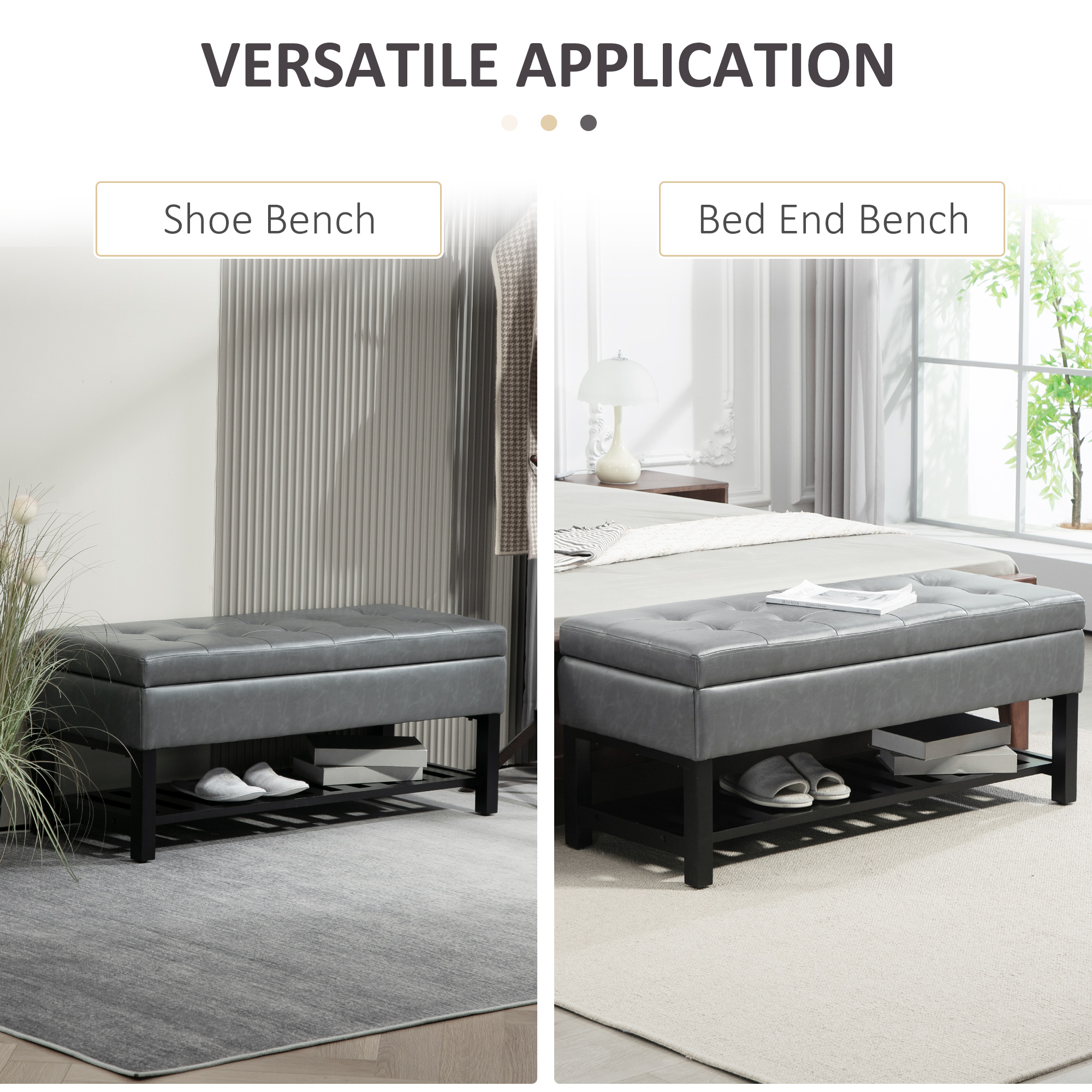 44" PU Leather Tufted Ottoman Shoe Bench Storage Chest Hallway Grey - Image 3
