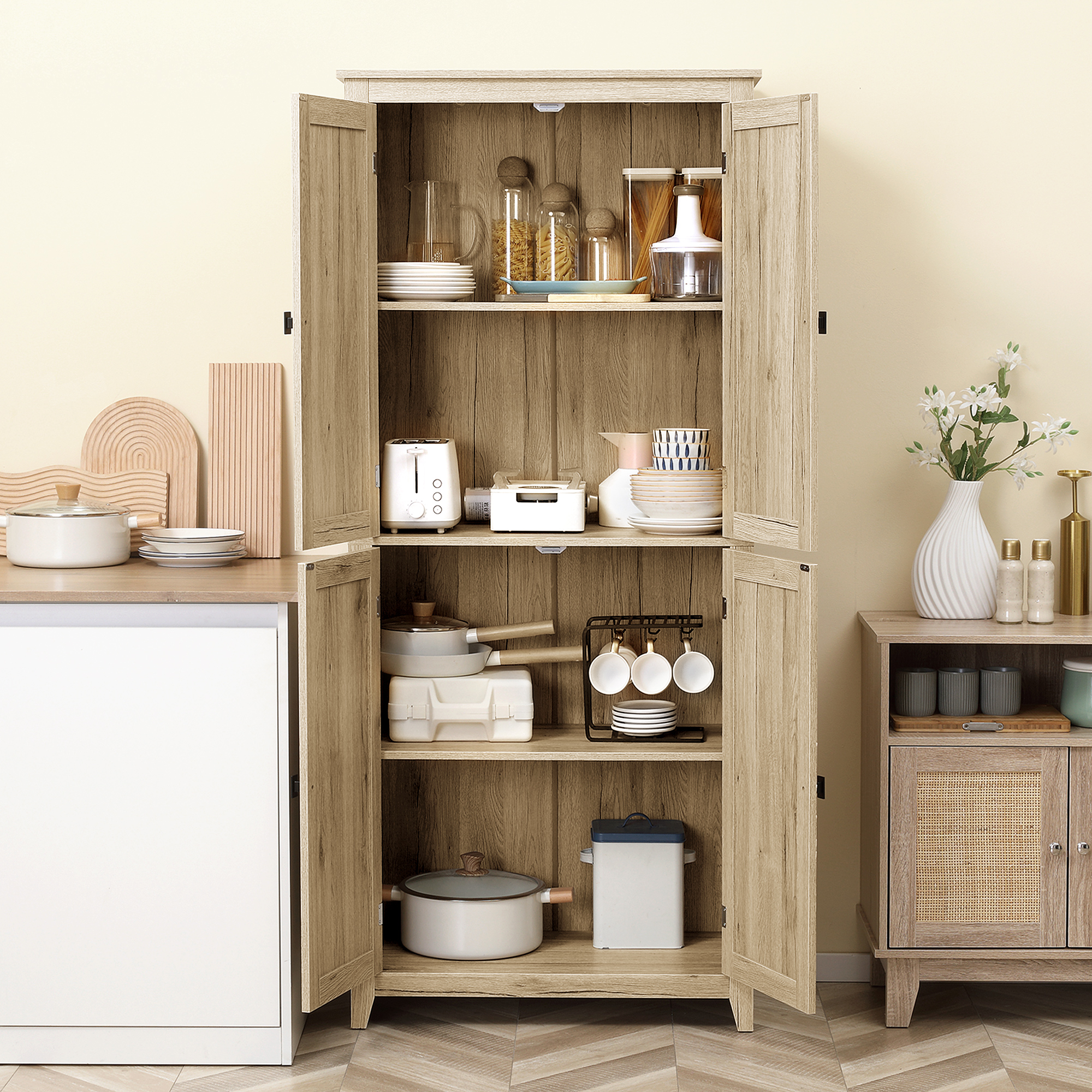72" Freestanding Storage Cabinet, Kitchen Pantry Cabinet with Doors and Shelves for Dining Room, Natural - Image 6