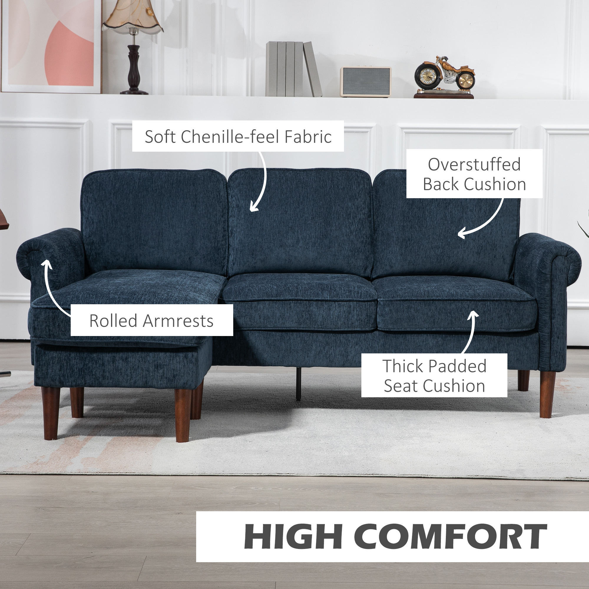 L Shape Sofa, Modern Sectional Couch with Changeable Chaise Lounge, Wooden Legs, Corner Sofa for Living Room, Dark Blue - Image 2