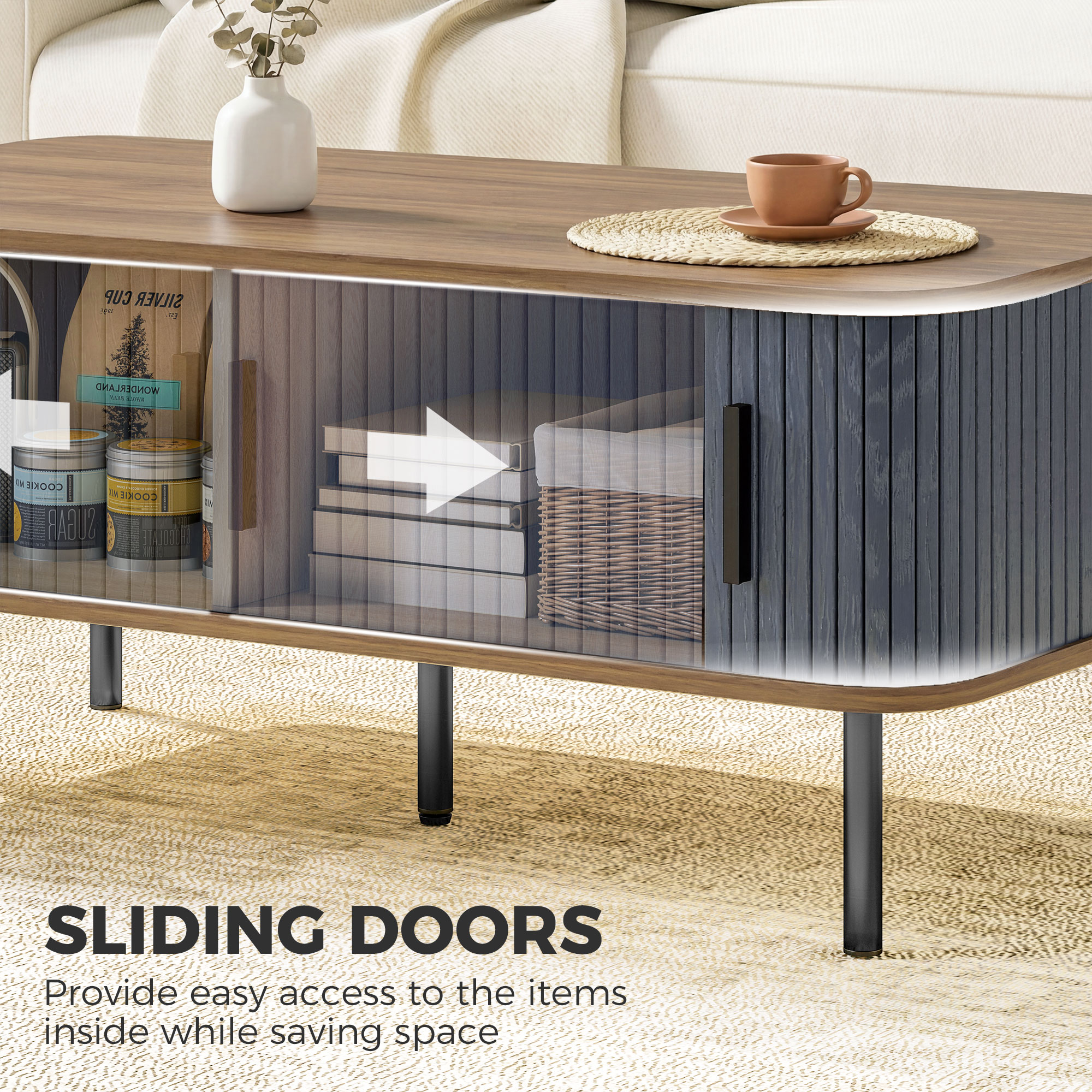 Nordic Side Table with Fluted Tambour Sliding Doors and Steel Legs, Coffee Table with Storage for Living Room, Black - Image 3