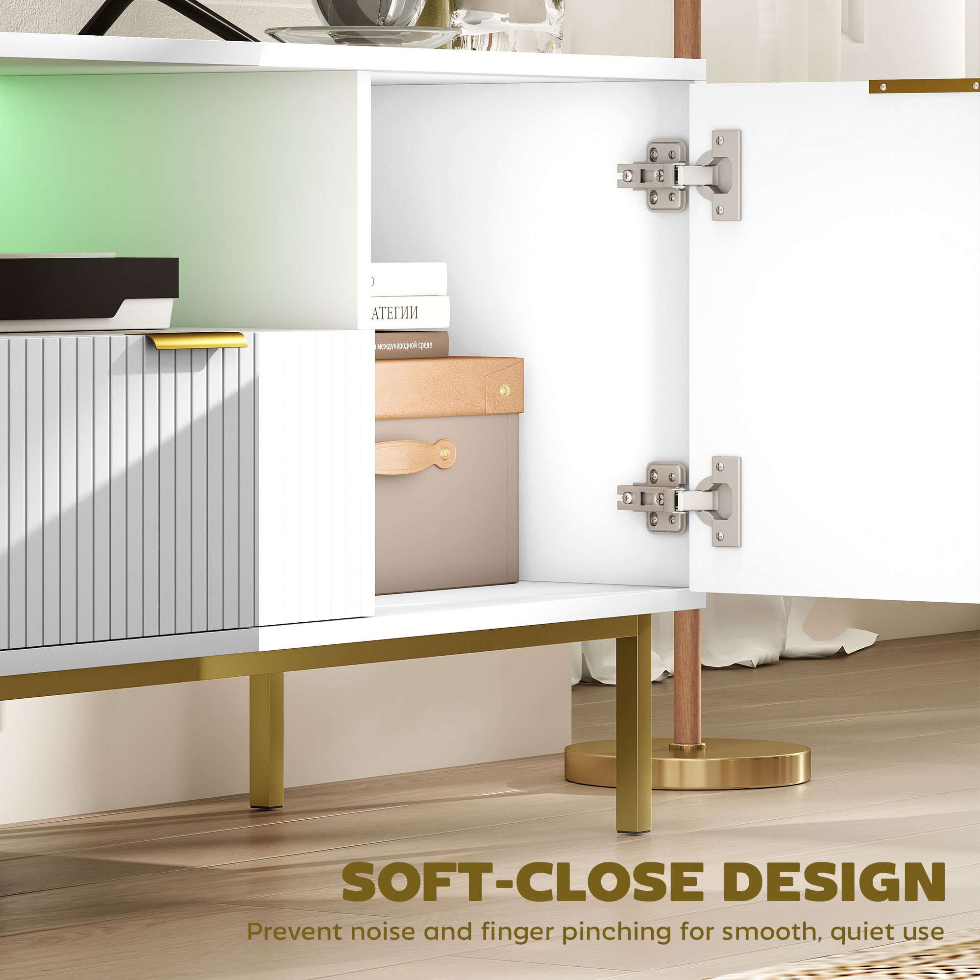 Modern TV Console for TVs up to 50 Inch, Entertainment Center with Smart RGB LED Lights and Soft Close Doors, White - Image 4