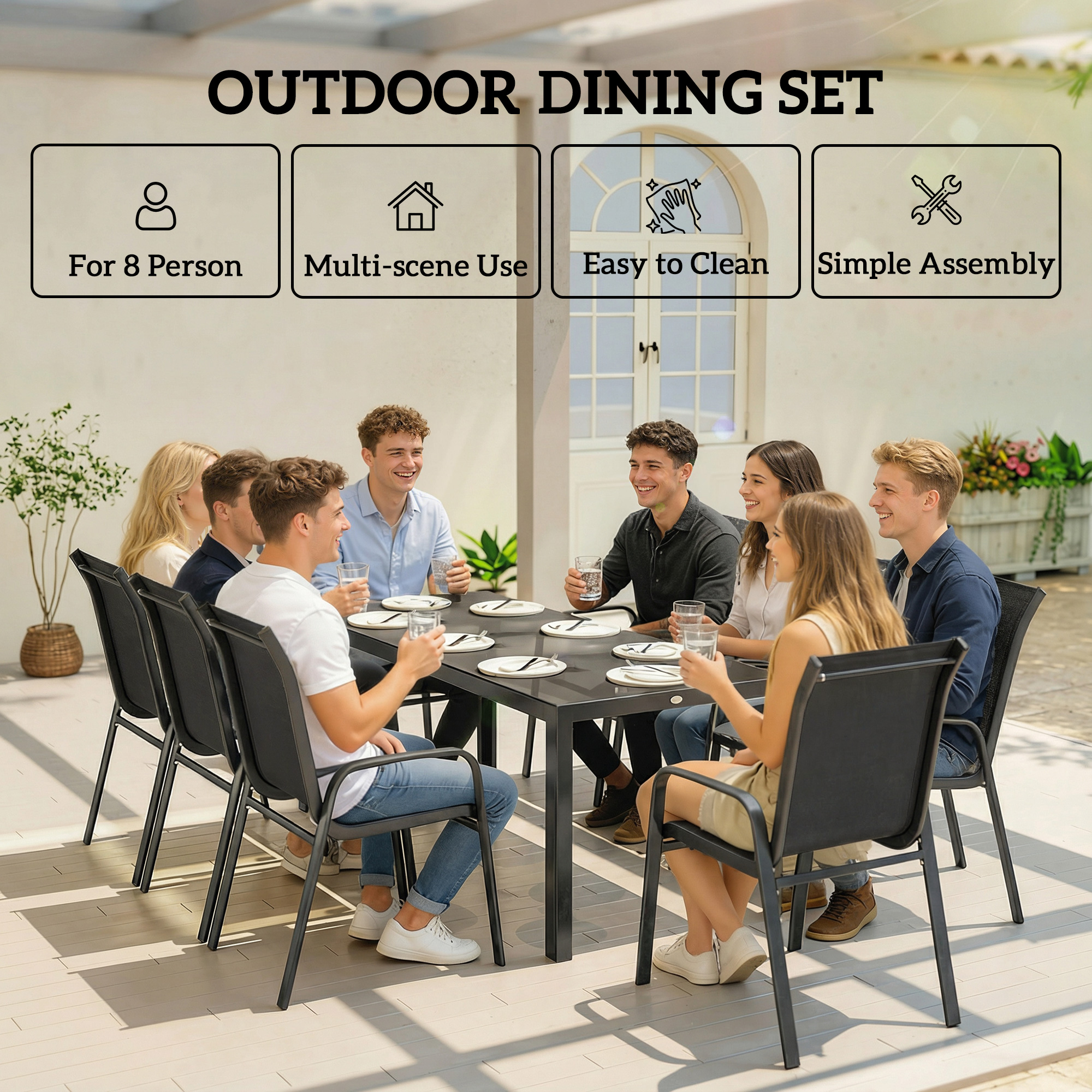 9 Pieces Patio Set with Stackable Chairs, Patio Dining Set with Glass Top for Garden, Patio, Backyard, Black - Image 4
