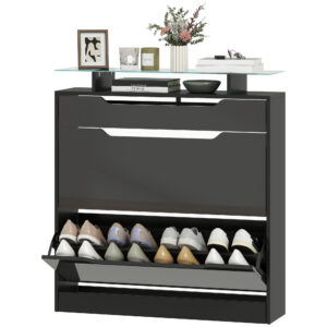 High Gloss Shoe Cabinet with 2 Flip Drawers and Adjustable Shelves, Narrow Shoe Storage Cabinet with Glass Top, Black