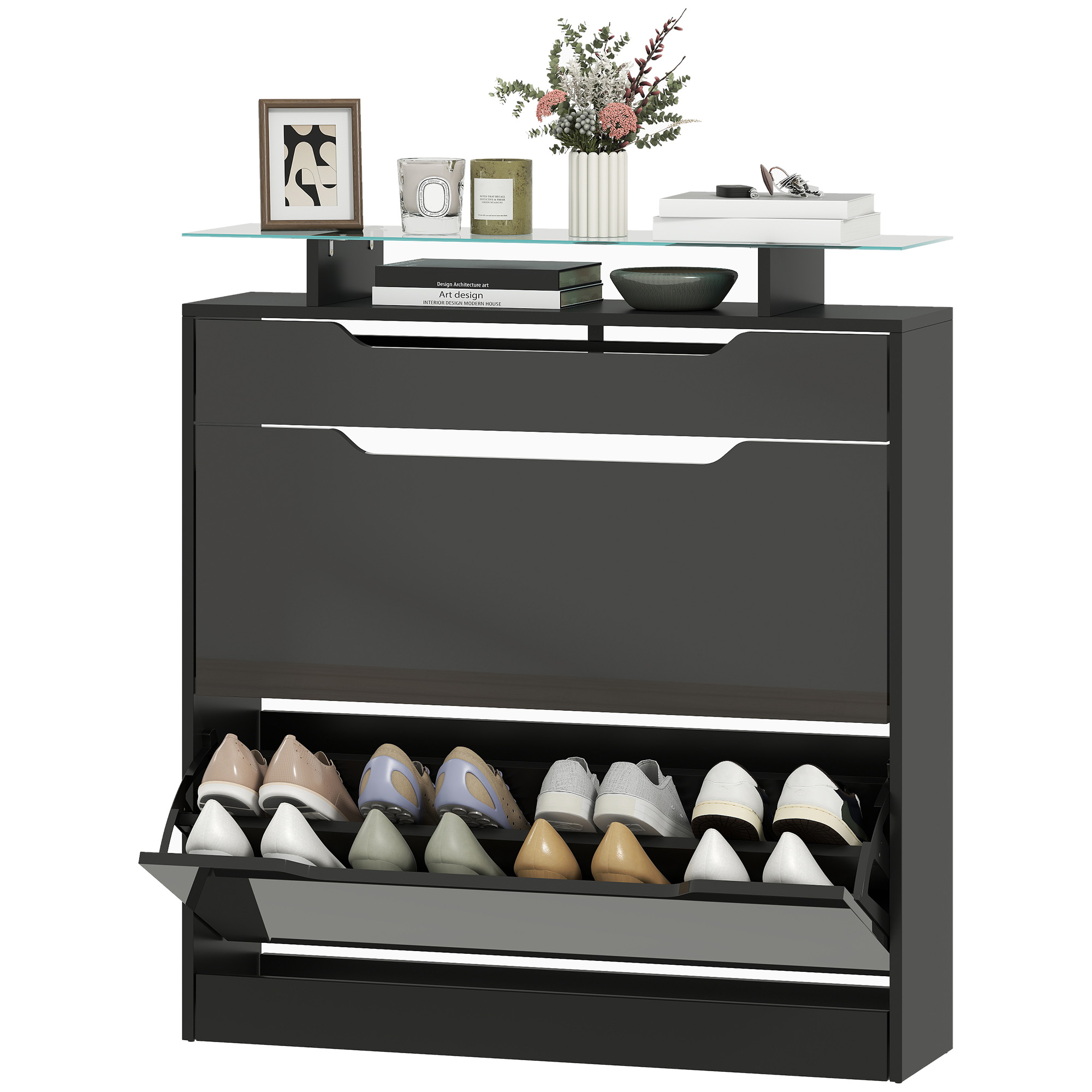 High Gloss Shoe Cabinet with 2 Flip Drawers and Adjustable Shelves, Narrow Shoe Storage Cabinet with Glass Top, Black