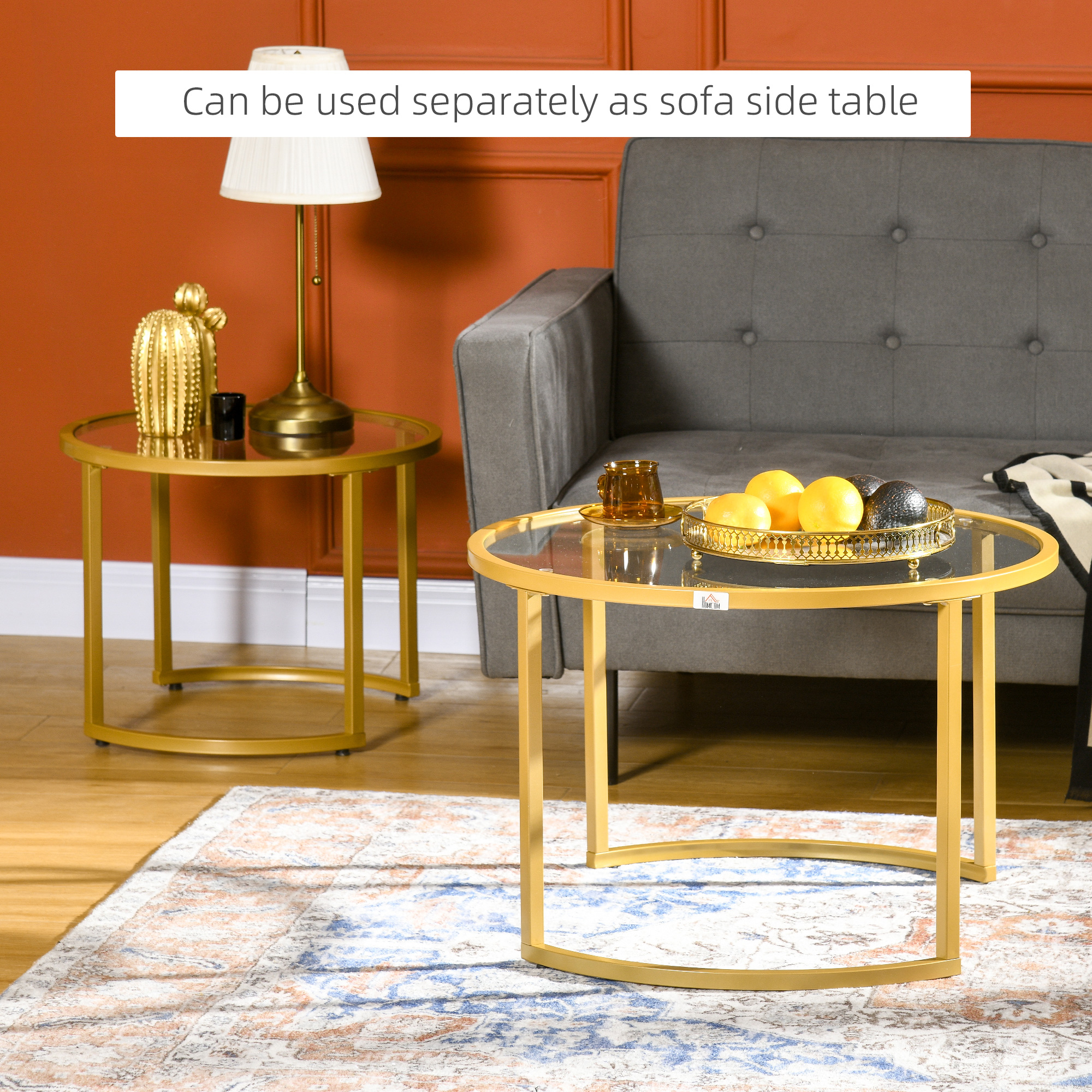 Round Coffee Table Set of 2, Modern Nesting Tables with Tempered Glass Top and Steel Frame for Living Room, Gold - Image 4