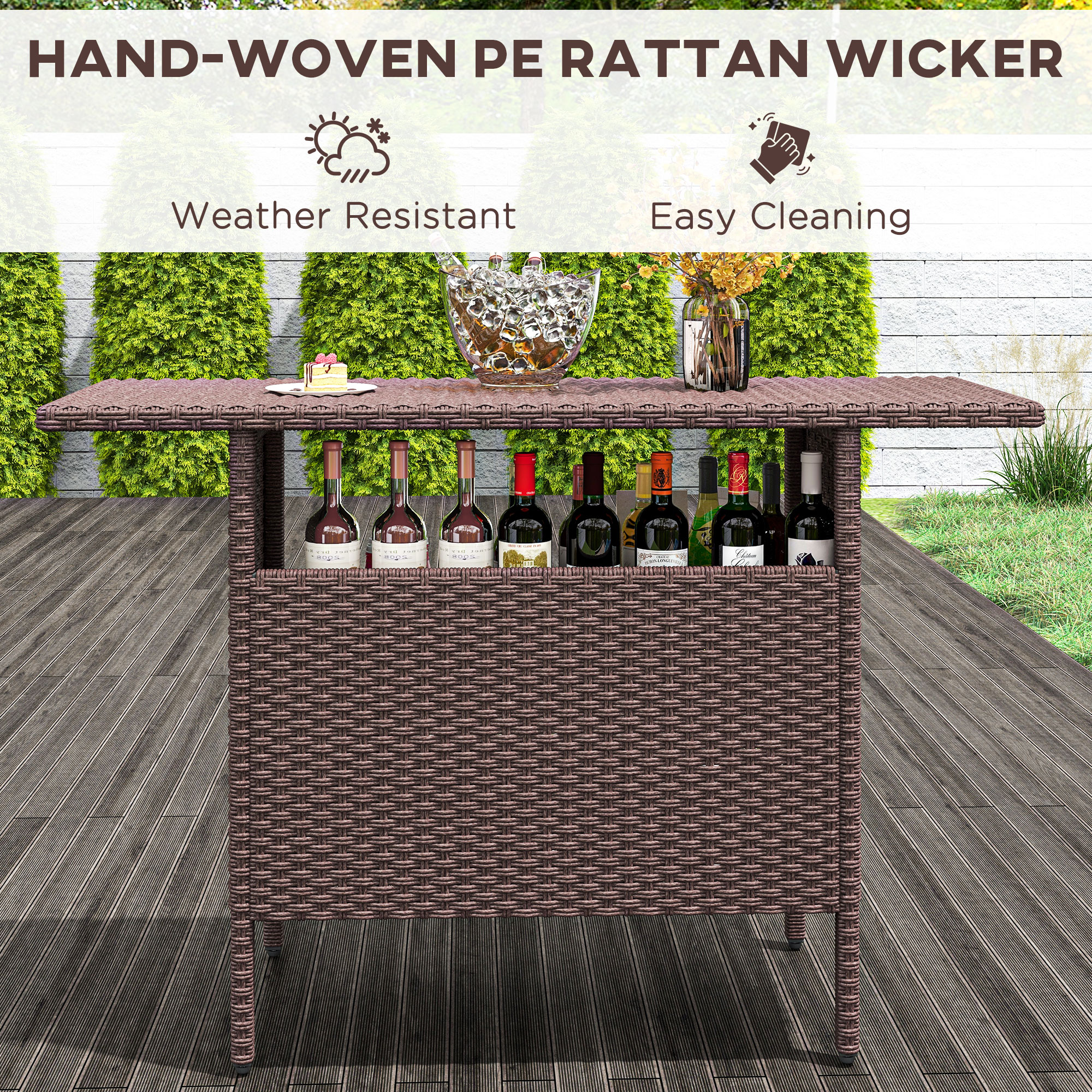Bar Height Outdoor Rattan Table, Patio Wicker Bar Table with 2 Storage Shelves, 55.1" x 18.5" x 37", Brown - Image 4