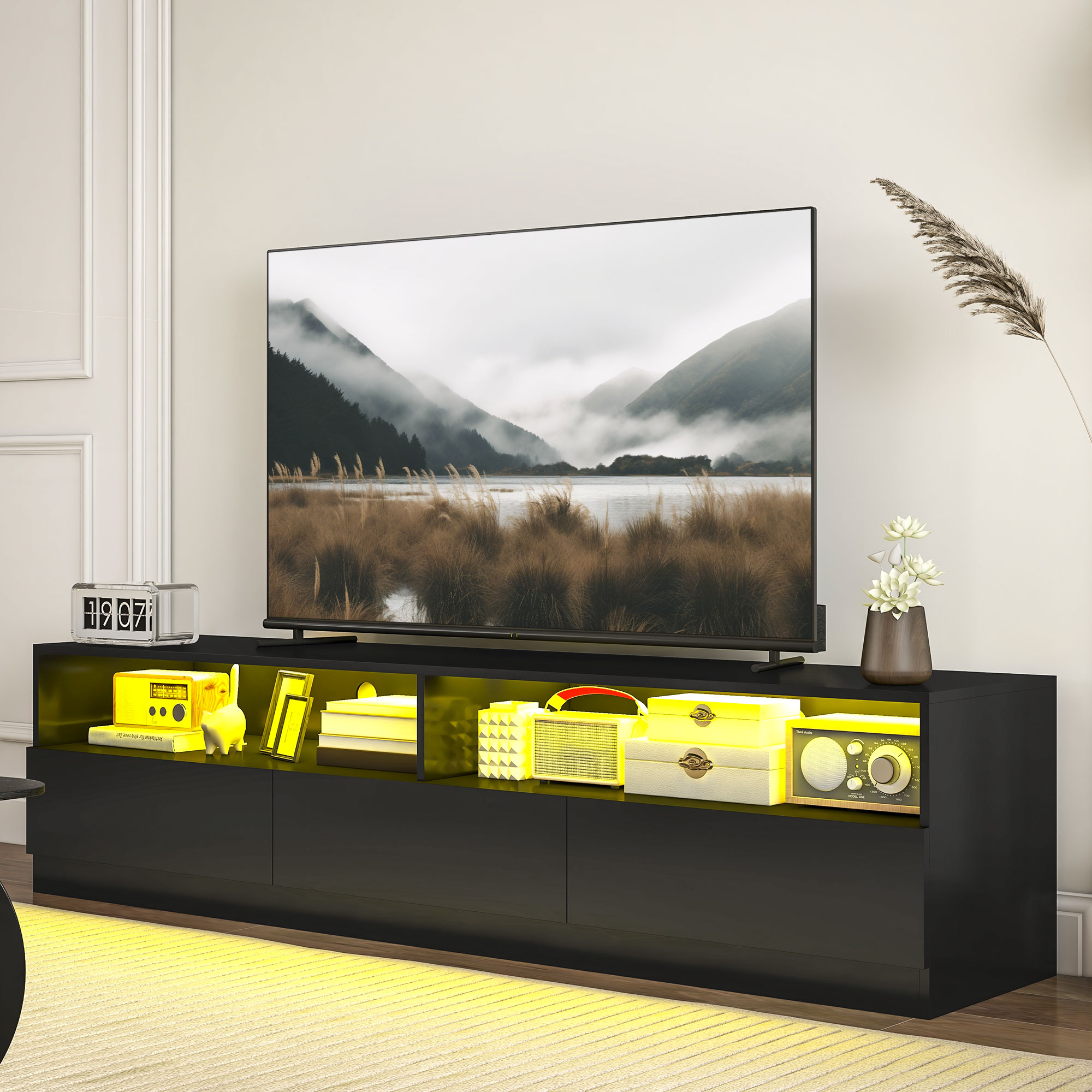 LED Lighted TV Stand for TVs up to 75", Modern TV Cabinet with Storage Drawers for Living Room, High Gloss Black - Image 6