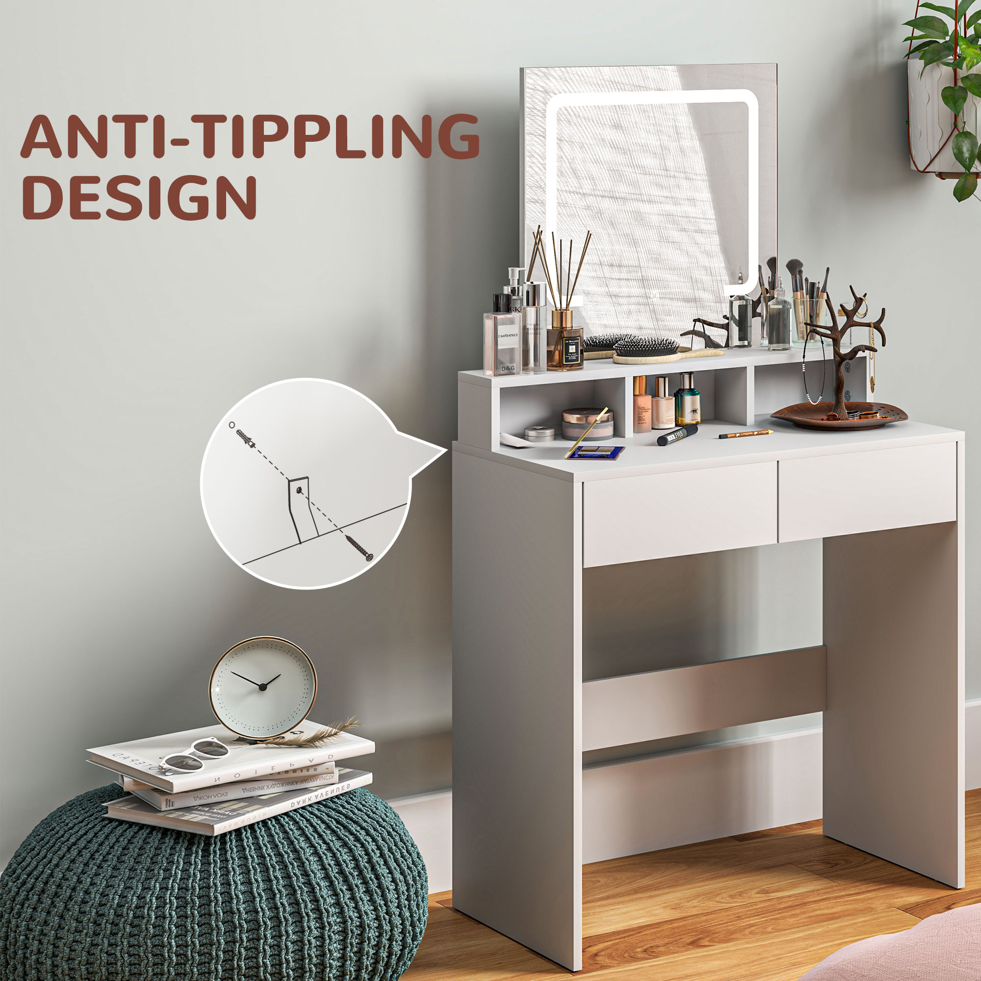 Makeup Vanity Desk with Mirror and LED Lights, for Bedroom, Modern Dressing Table with Drawers, Compartments, White - Image 4