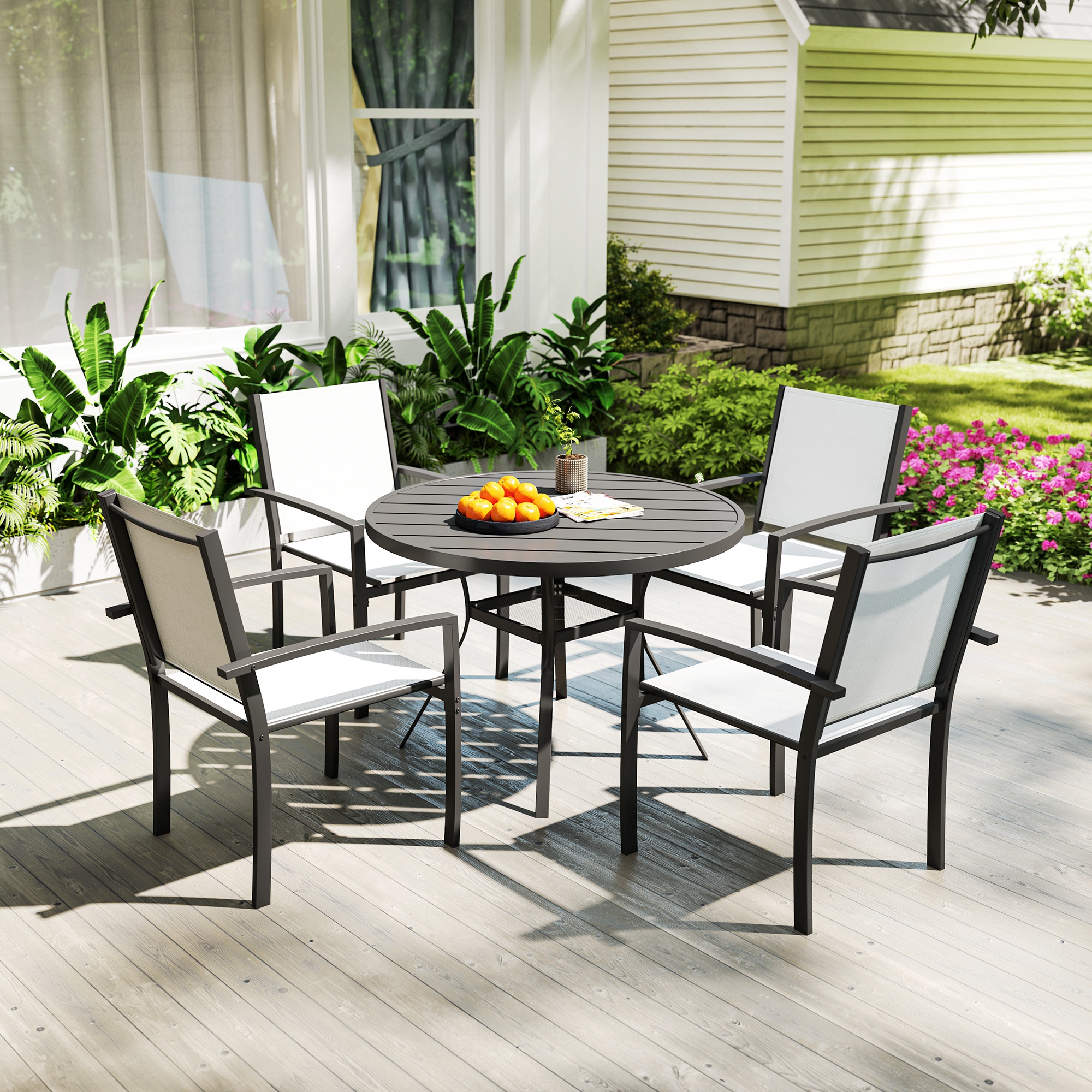 5 Piece Outdoor Dining Set with Round Table and 4 Stackable Chairs, for Backyard, Lawn, Deck, Balcony, Pool Side - Image 6