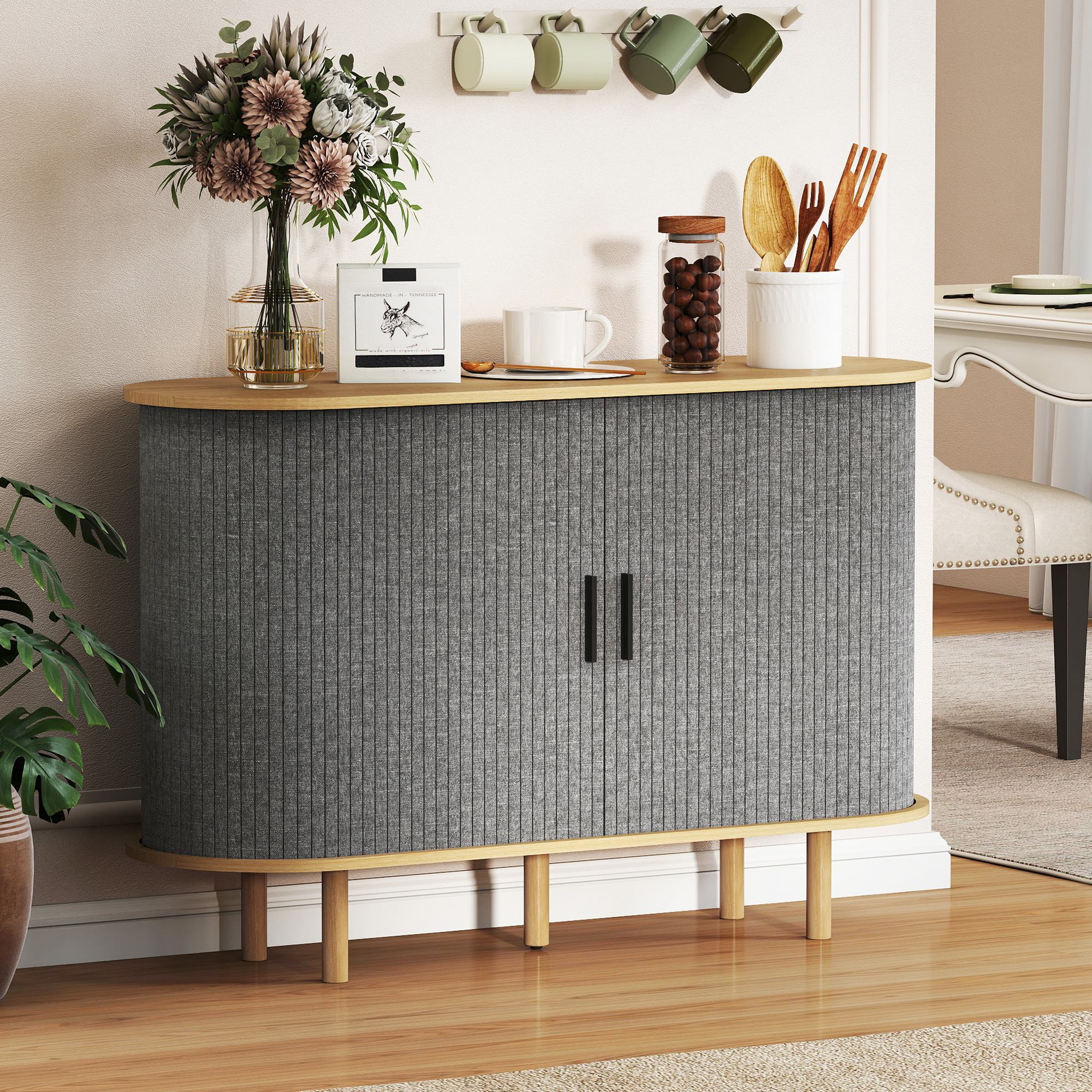 47" Buffet Cabinet with Tambour Sliding Doors, Fluted Sideboard with Storage Shelves and Wooden Legs, Grey - Image 6