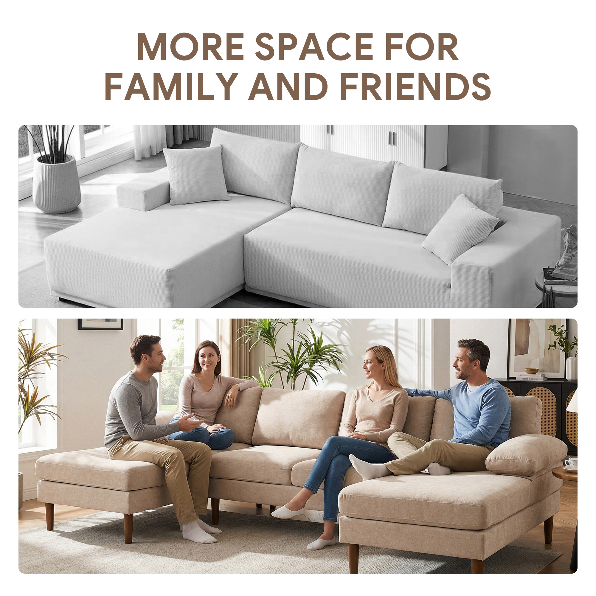 U Shape Couch with Double Chaise Lounge, Modern 4 Seater Sofa with Wooden Legs, Fabric Sofa for Living Room, Beige - Image 6