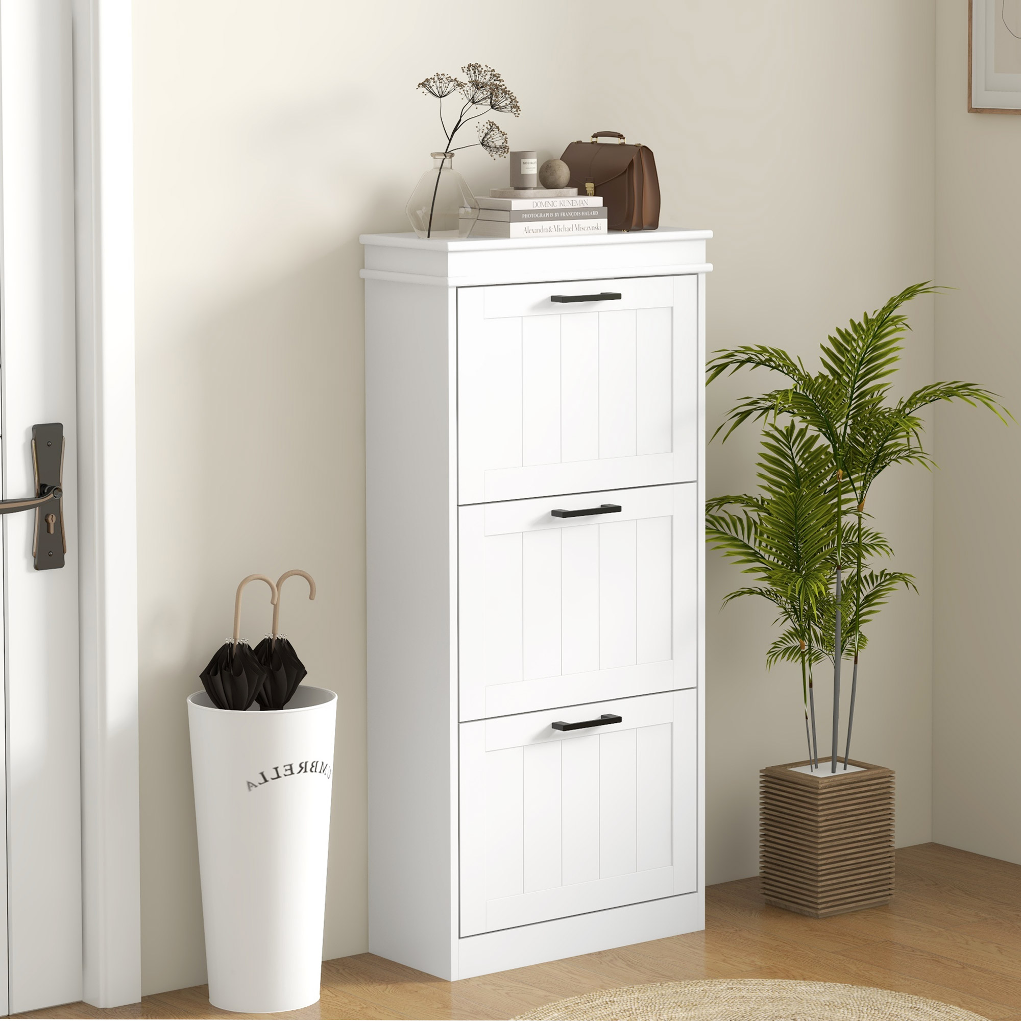 Slim Shoe Cabinet with 3 Flip Drawers and Adjustable Shelves, Narrow Shoe Cabinet for 15 Pairs of Shoes, White - Image 6