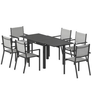 7 Pieces Outdoor Dining Set, Aluminum Patio Table and Chairs Set for 6 with Extendable Tabletop and Stackable Chairs