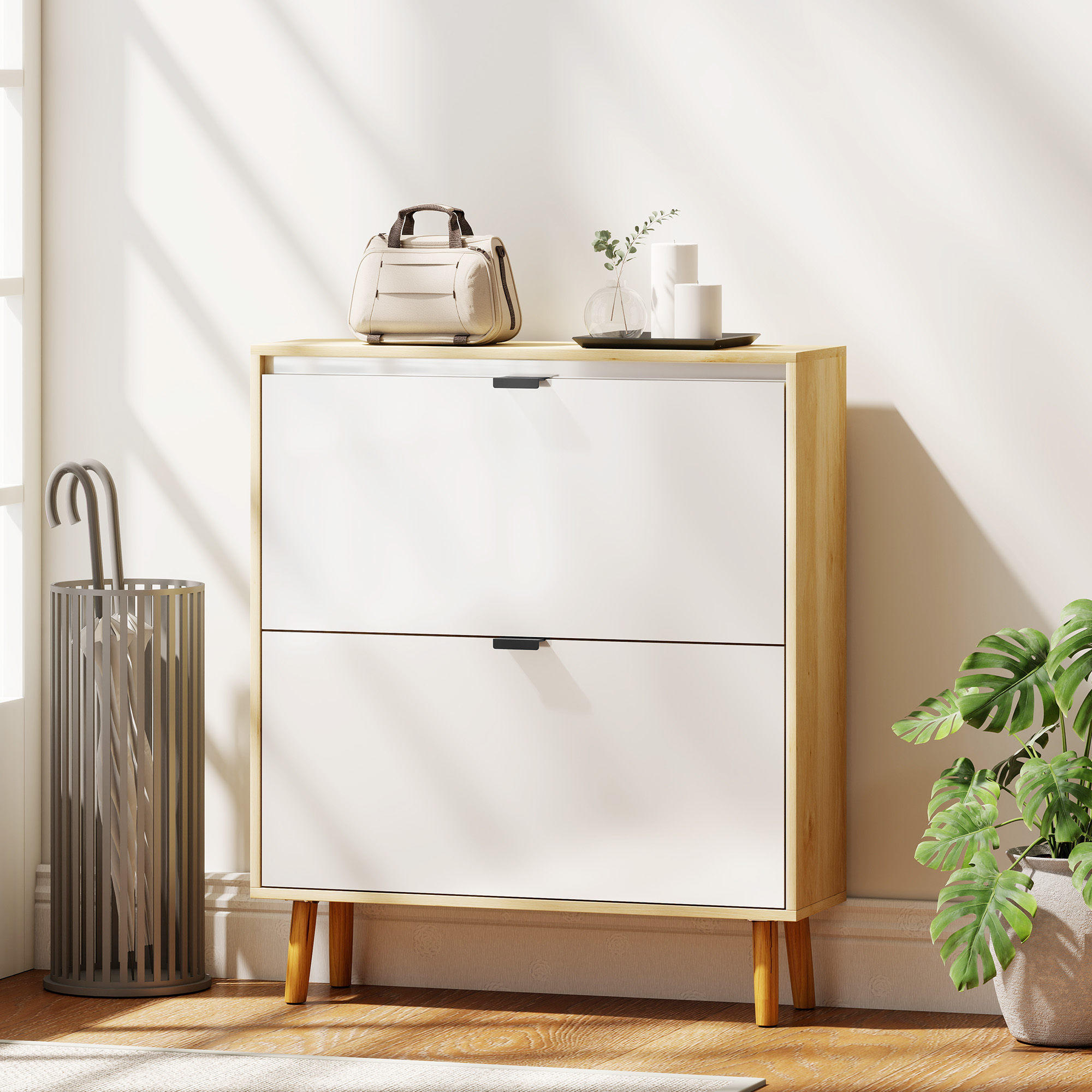 Narrow Shoe Cabinet, High Gloss Shoe Storage Cabinet with 2 Flip Drawers and Adjustable Shelves, Holds 16 Pairs, White - Image 6