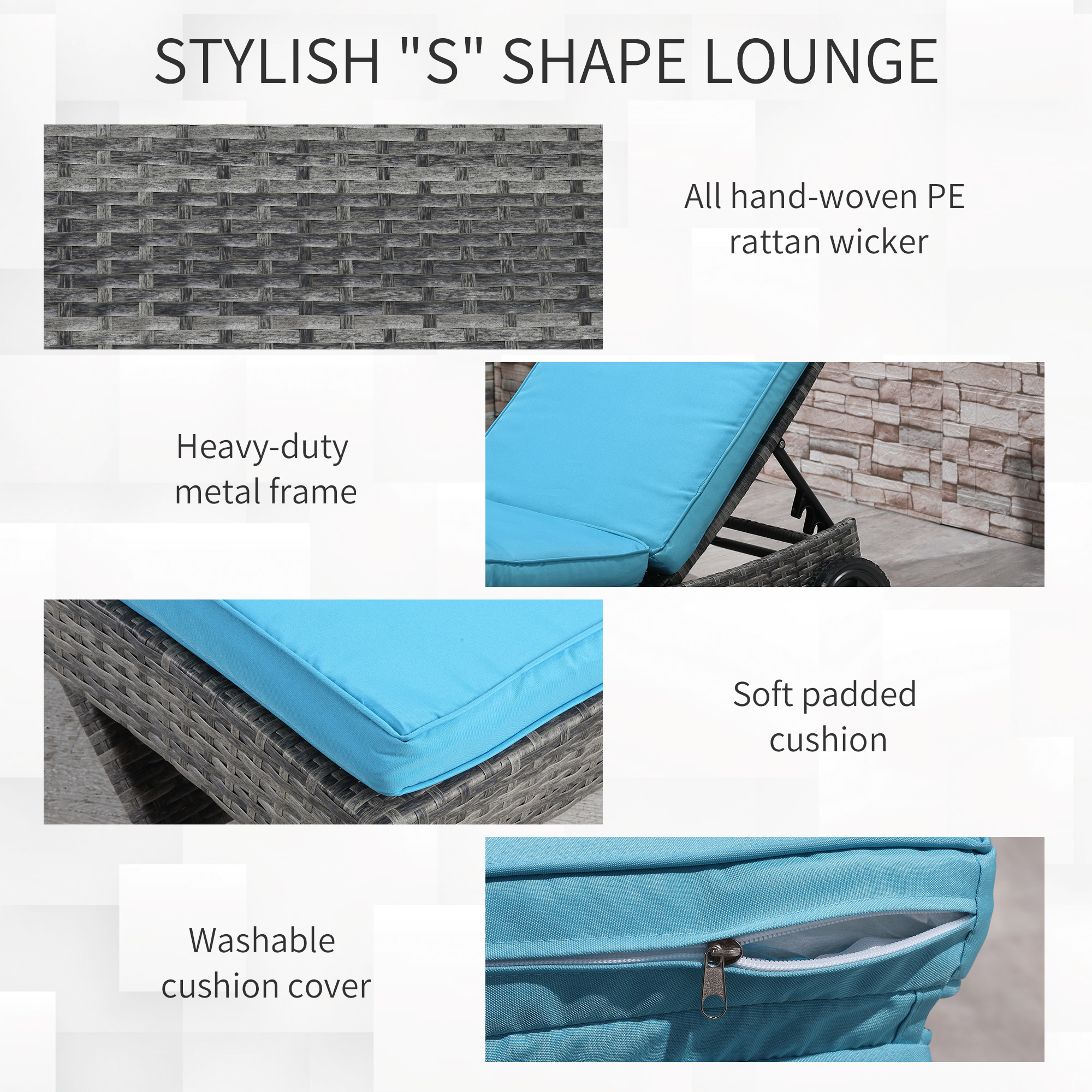 Outdoor Adjustable Wicker Chaise Lounge Chair with Cushion & Wheels for Patio, Deck, Poolside, Sky Blue - Image 4
