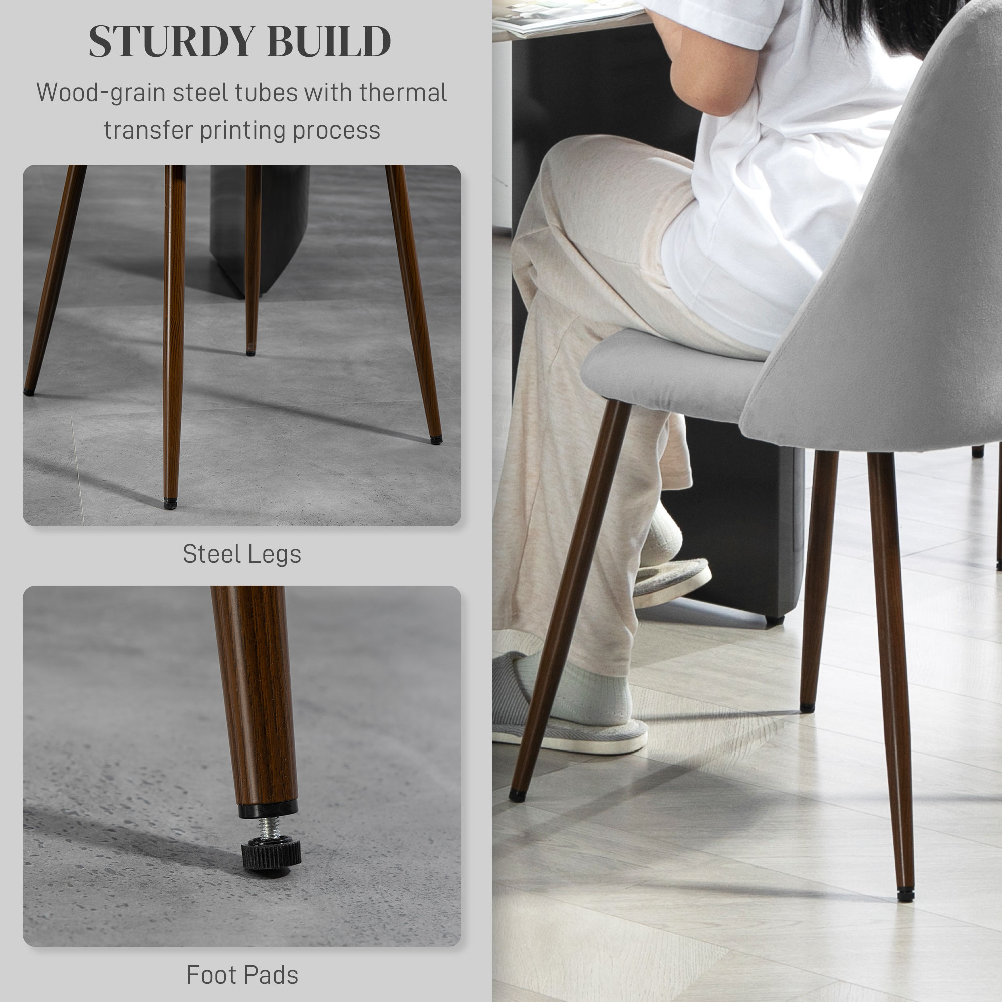 Upholstered Dining Chairs Set of 6, Velvet Accent Chair with Back and Wood-grain Steel Leg for Kitchen, Grey - Image 4