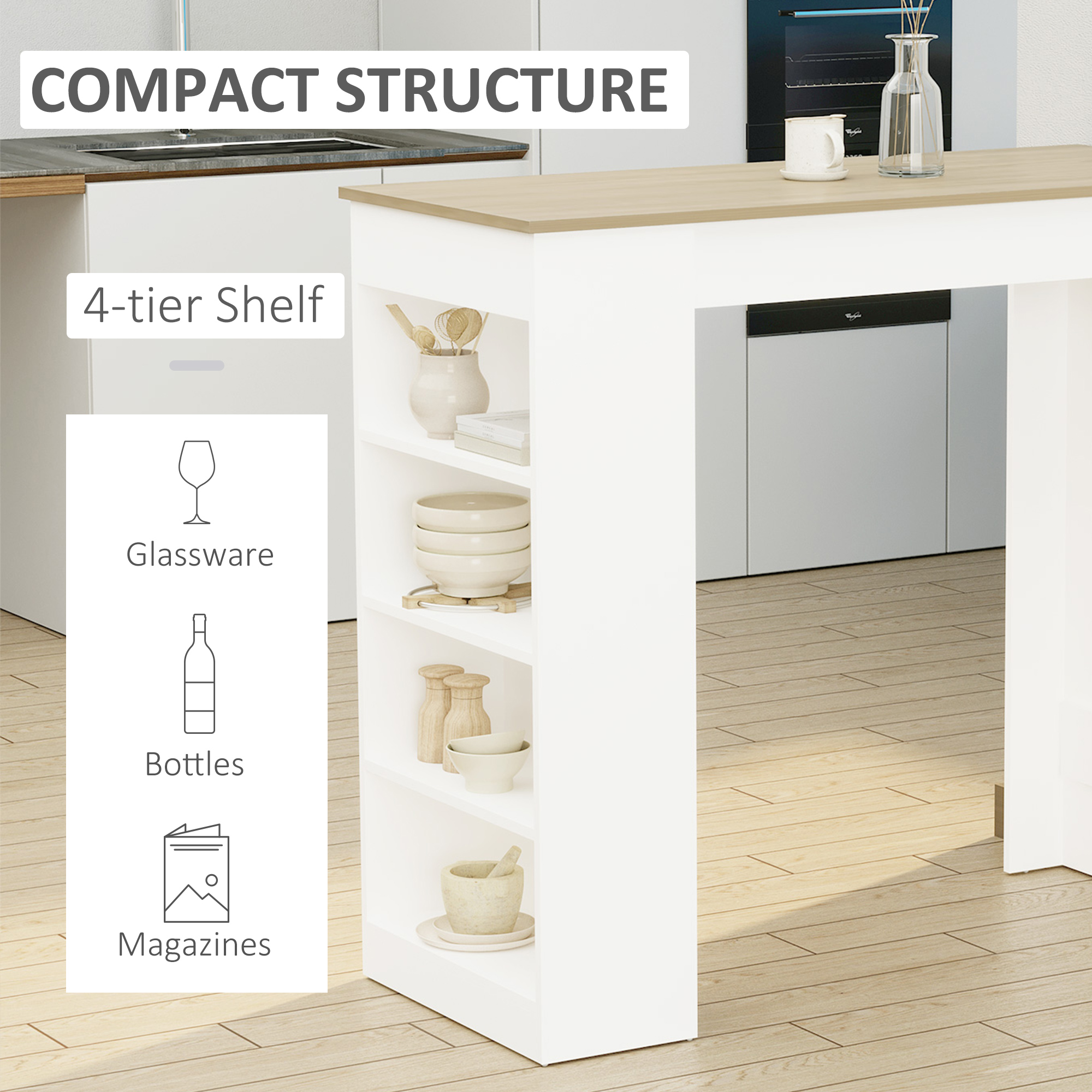 Bar Table, High Top Pub Table with 4 Storage Shelves, Modern Bar Height Table for Home Bar, Kitchen, Natural - Image 2