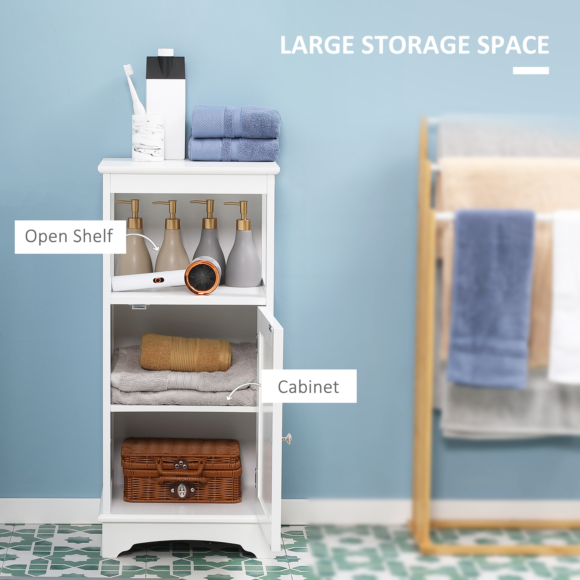 Modern Bathroom Floor Cabinet with Open Shelf, Freestanding Storage Organizer Unit with Single Door for Home Office, Living Room, White - Image 2