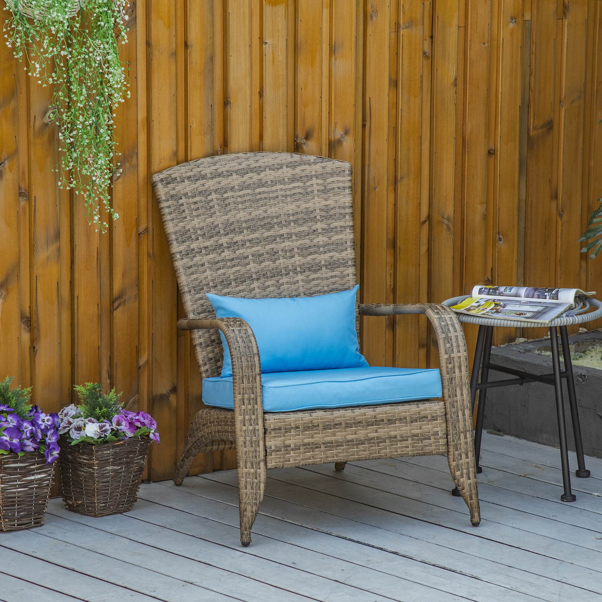 Patio Wicker Adirondack Chair, Outdoor PE Rattan Fire Pit Chair, Muskoka Chair w/ Soft Cushions, Tall Curved Backrest and Comfortable Armrests for Deck Garden, Blue - Image 6